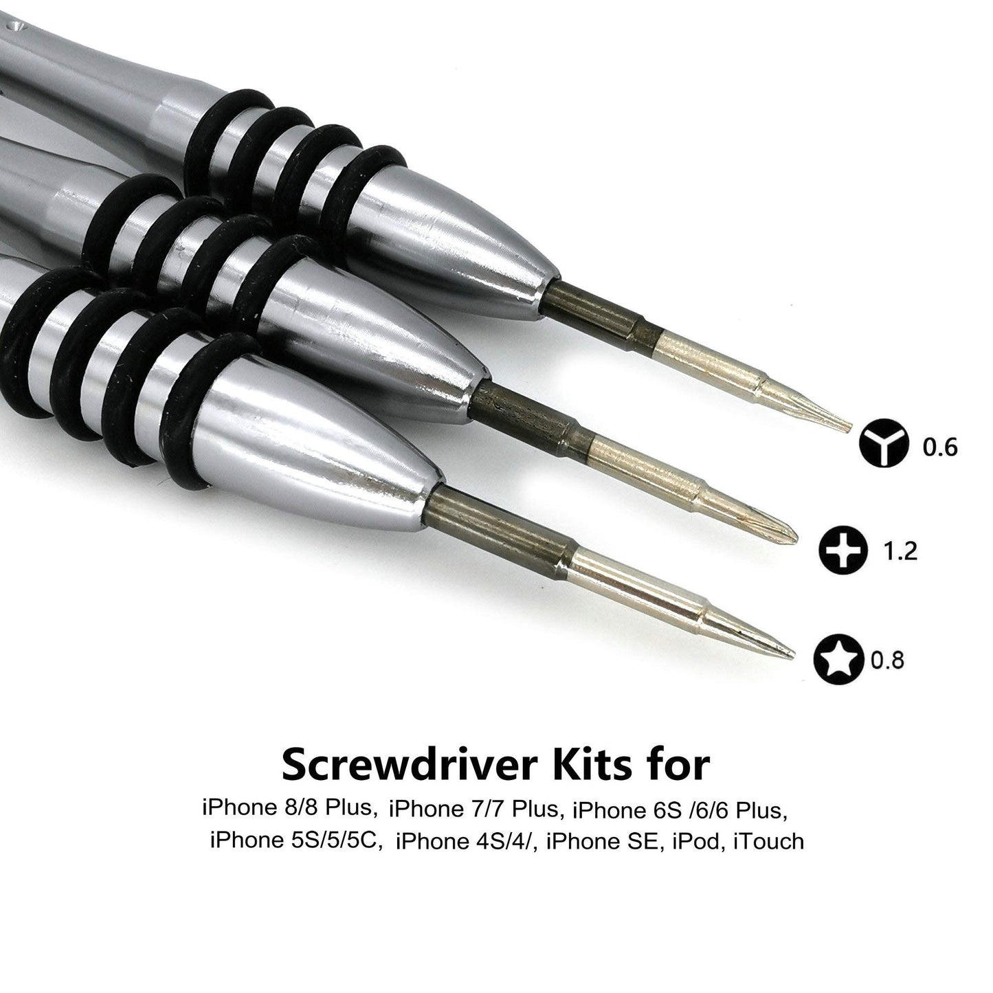Kit de herramientas de reparación de destornilladores para iPhone, PH000 Phillips, 0.8 mm Star P2 Pentalobe, Y0.6 Tri-Point Y000 Tri-Wing Destornillador para Apple iPhone X/8/8 Plus, 7/7Plus, 6P/6S/6/5S/5/5C/4S/4/SE, iPod, iTouch