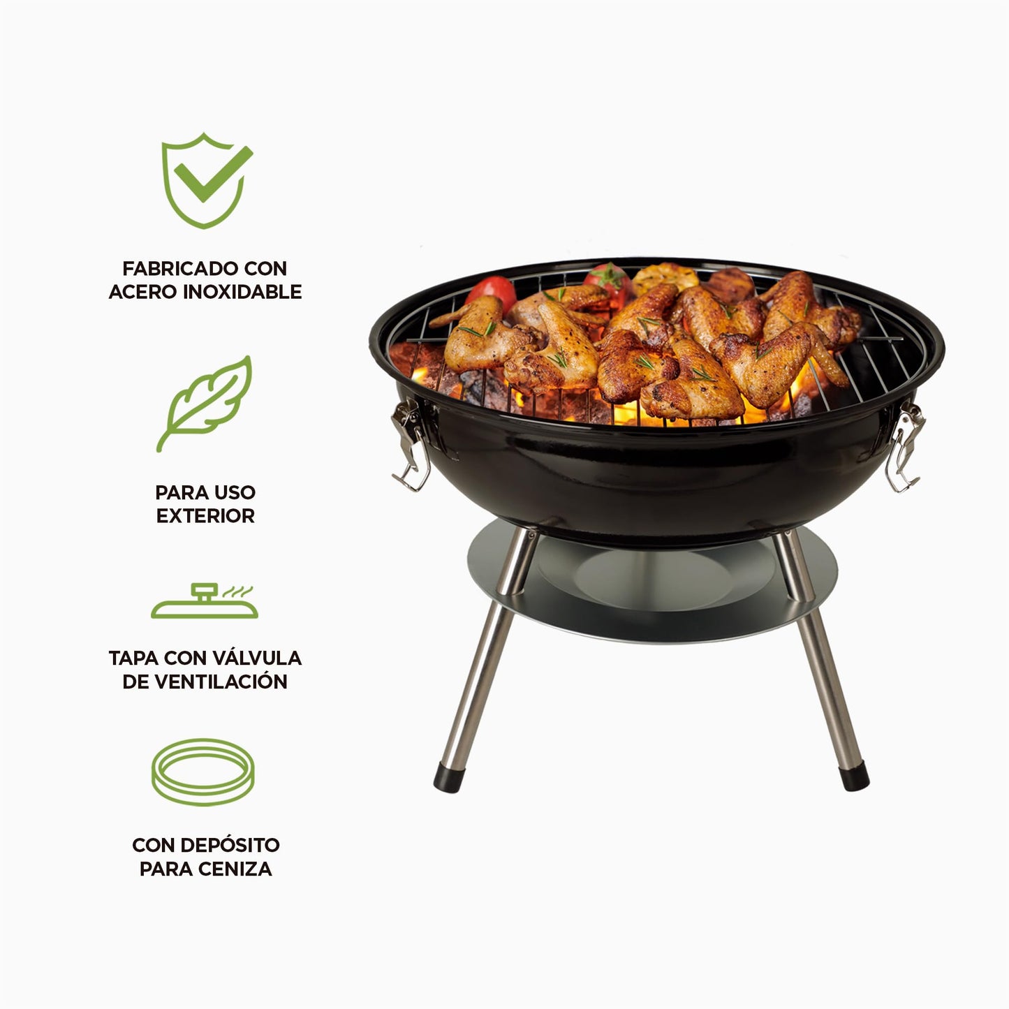 HIKEO Asador de Carbón Portátil 36 cm de Diámetro con Tapa, Parrilla para Carne Asada para Jardín, Camping, Picnic, Patio, Parrillada o Playa, Mini Grill de Acero para Exteriores, Fácil de Limpiar