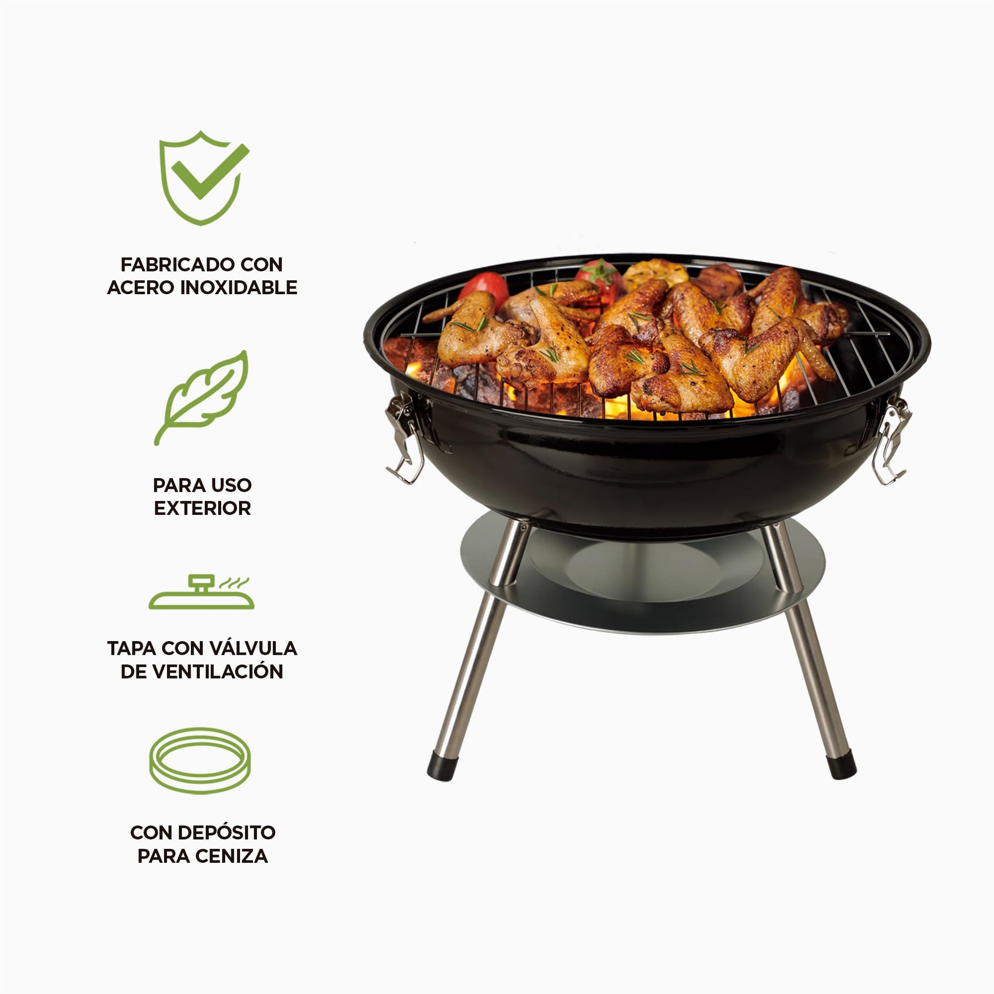 HIKEO Asador de Carbón Portátil 36 cm de Diámetro con Tapa, Parrilla para Carne Asada para Jardín, Camping, Picnic, Patio, Parrillada o Playa, Mini Grill de Acero para Exteriores, Fácil de Limpiar