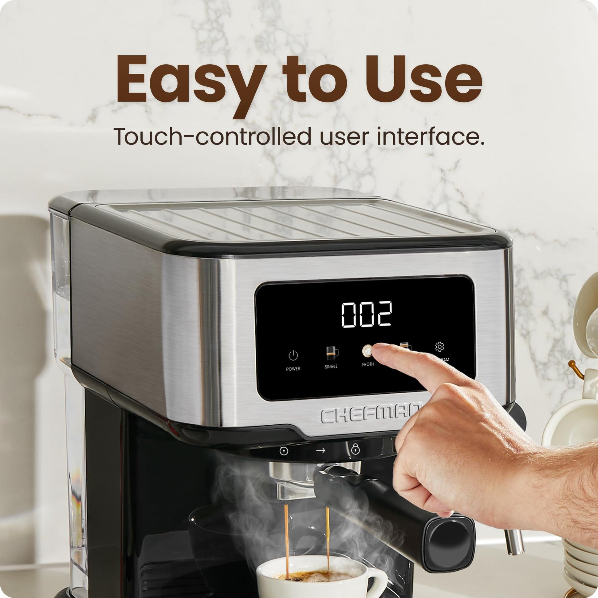 Chefman Máquina de espresso Chefman CraftBrew, cafetera digital con bomba de 15 bares con varilla de vapor para café con leche y capuchino, compacta con depósito de agua extraíble de 1.8L - acero inoxidable