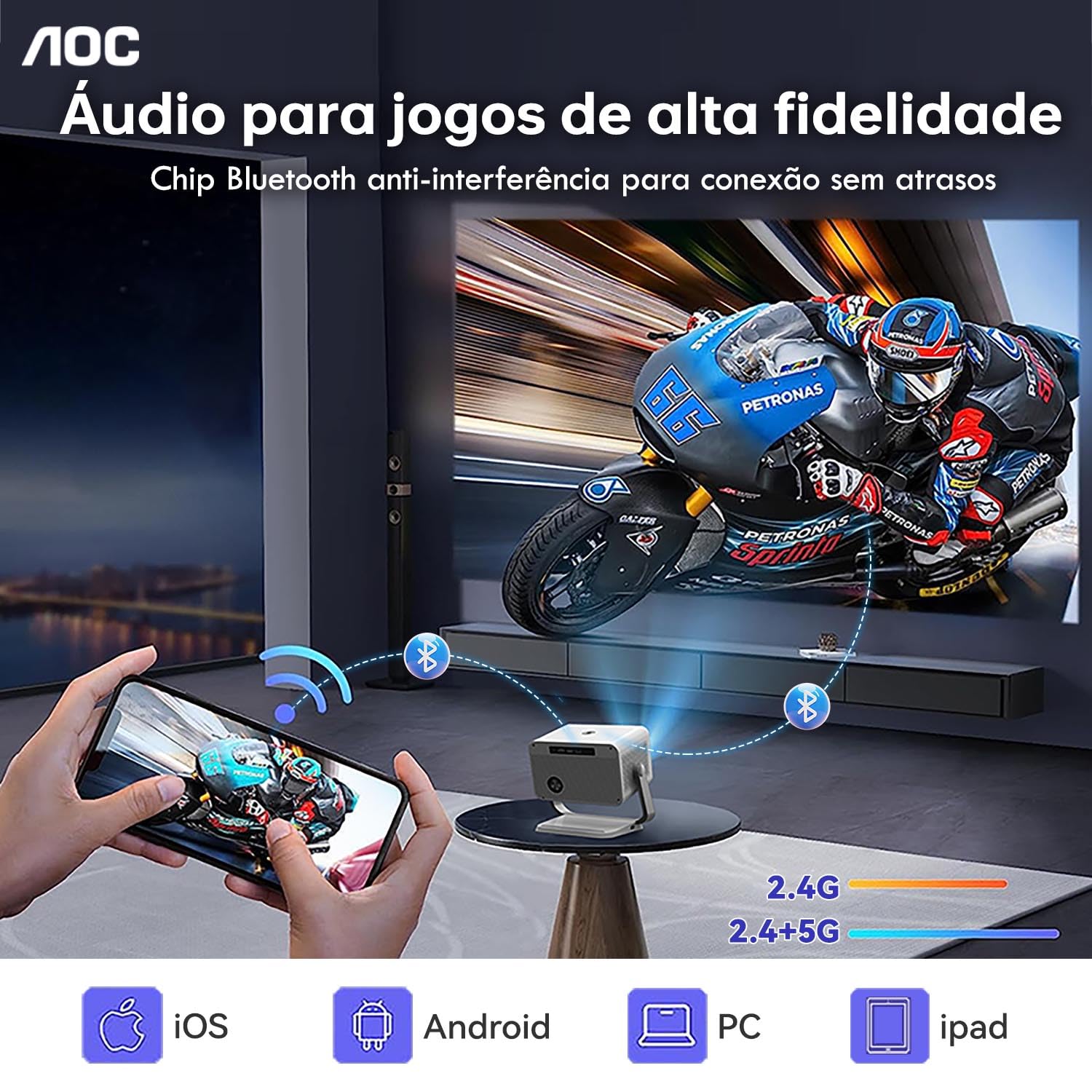 AOC Mini proyector, portátil Compatible con 4K,12000 lúmenes,Enfoque eléctrico, WiFi y Bluetooth,diseño con eliminación de Polvo y disipación de Calor, Compatible con Android e iOS para Cine en casa
