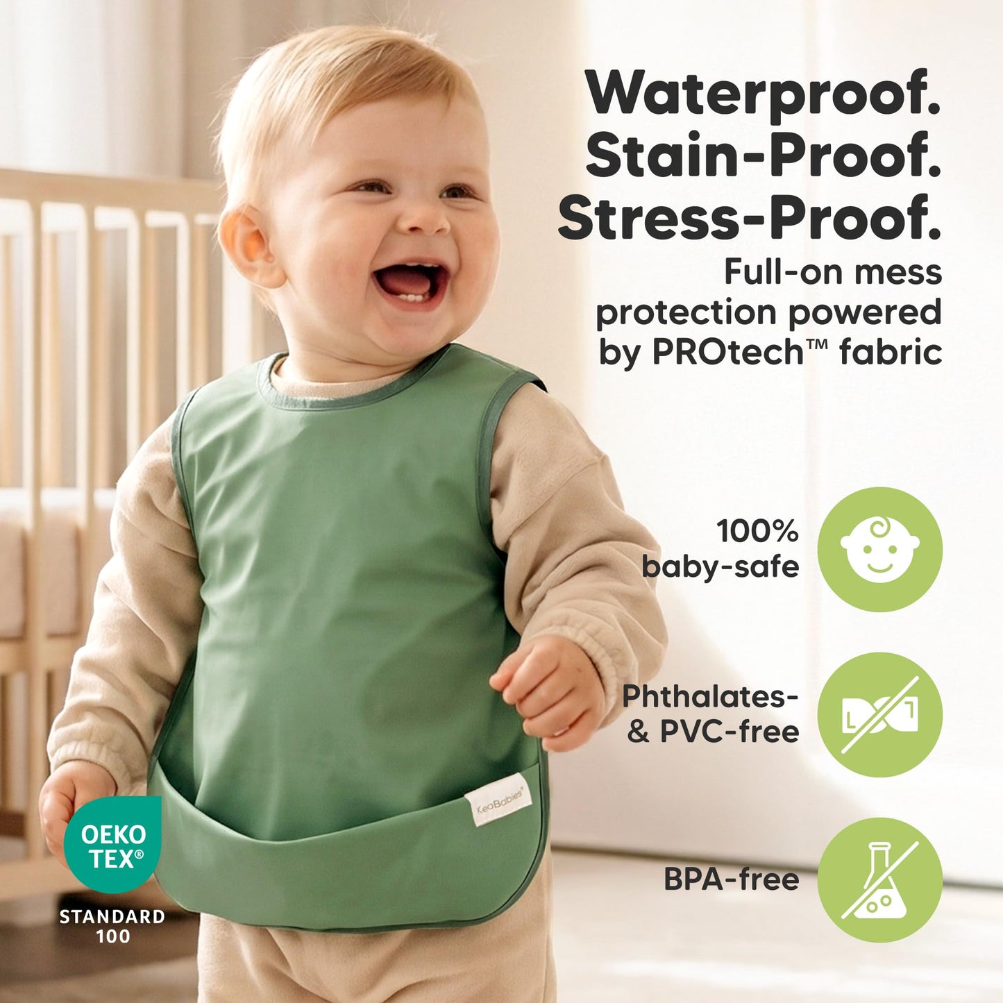 KeaBabies - Baberos impermeables para bebé niña, niño, paquete de 2 baberos ligeros y grandes para comer, colector de alimentos portátil, esenciales de alimentación para bebés, de 6 a 12 meses, bata