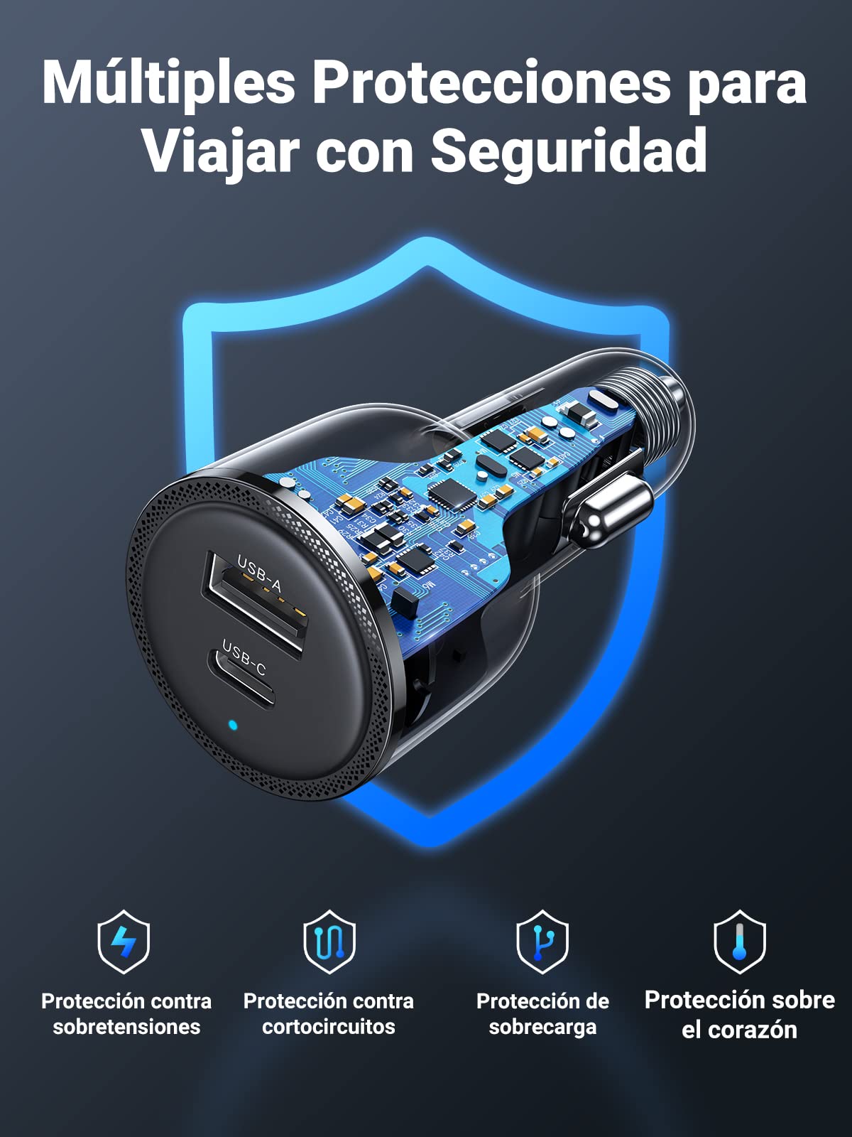 UGREEN 63W Fast Charger Cargador para Auto, Carga Rápida Tipo C Adaptador de Coche PD 45W, Quick Charge QC 18W Comaptible con Galaxy S25 S24 S23 Ultra, iPhone 16 15 14 13, iPad Pro, Redmi, Xiaomi