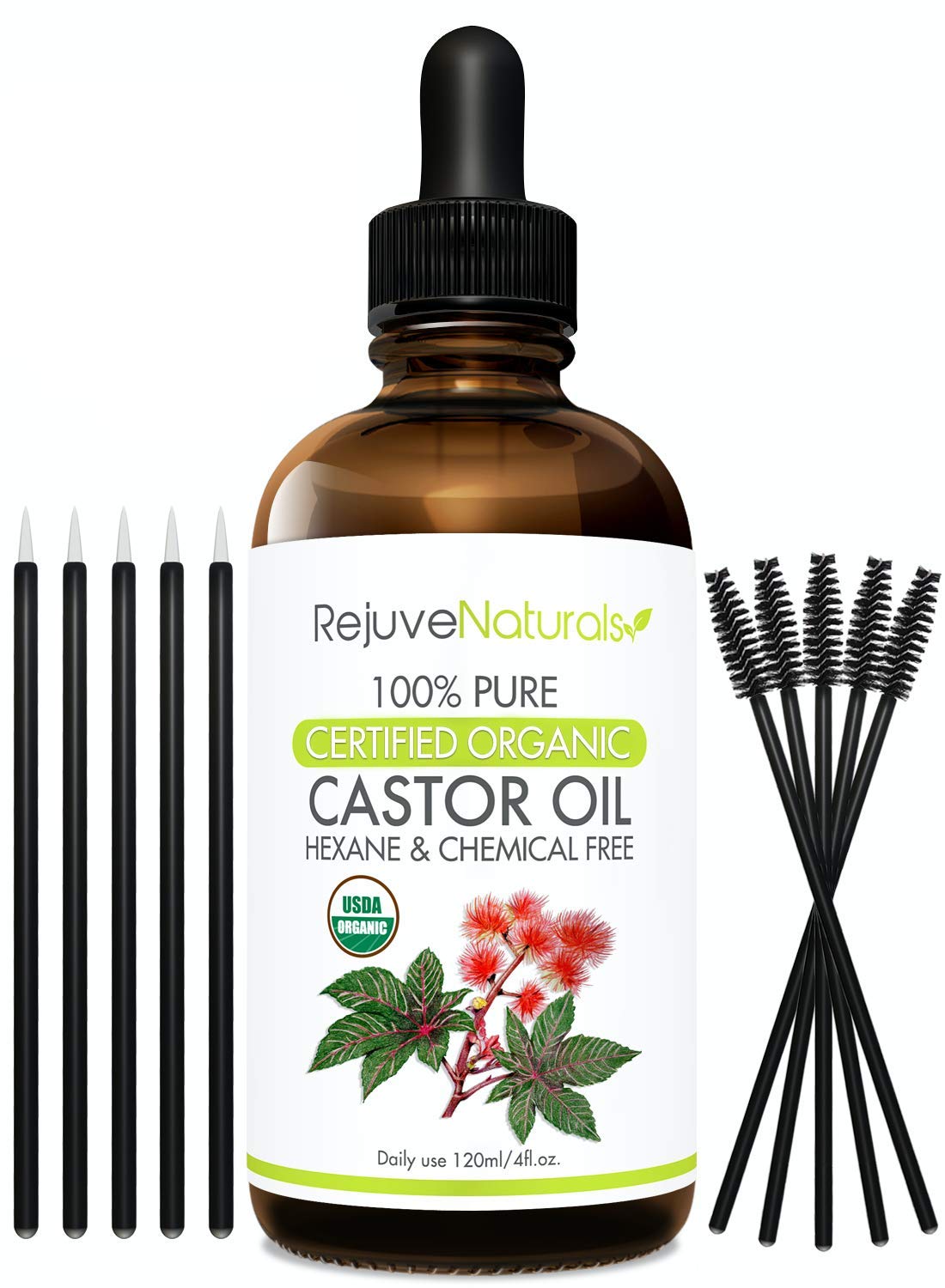 Organic Castor Oil, 100% Pure, Hexane Free, Cold Pressed, USDA Certified Organic, by RejuveNaturals, 4oz | All Natural Conditioner for Hair, Skin & Face