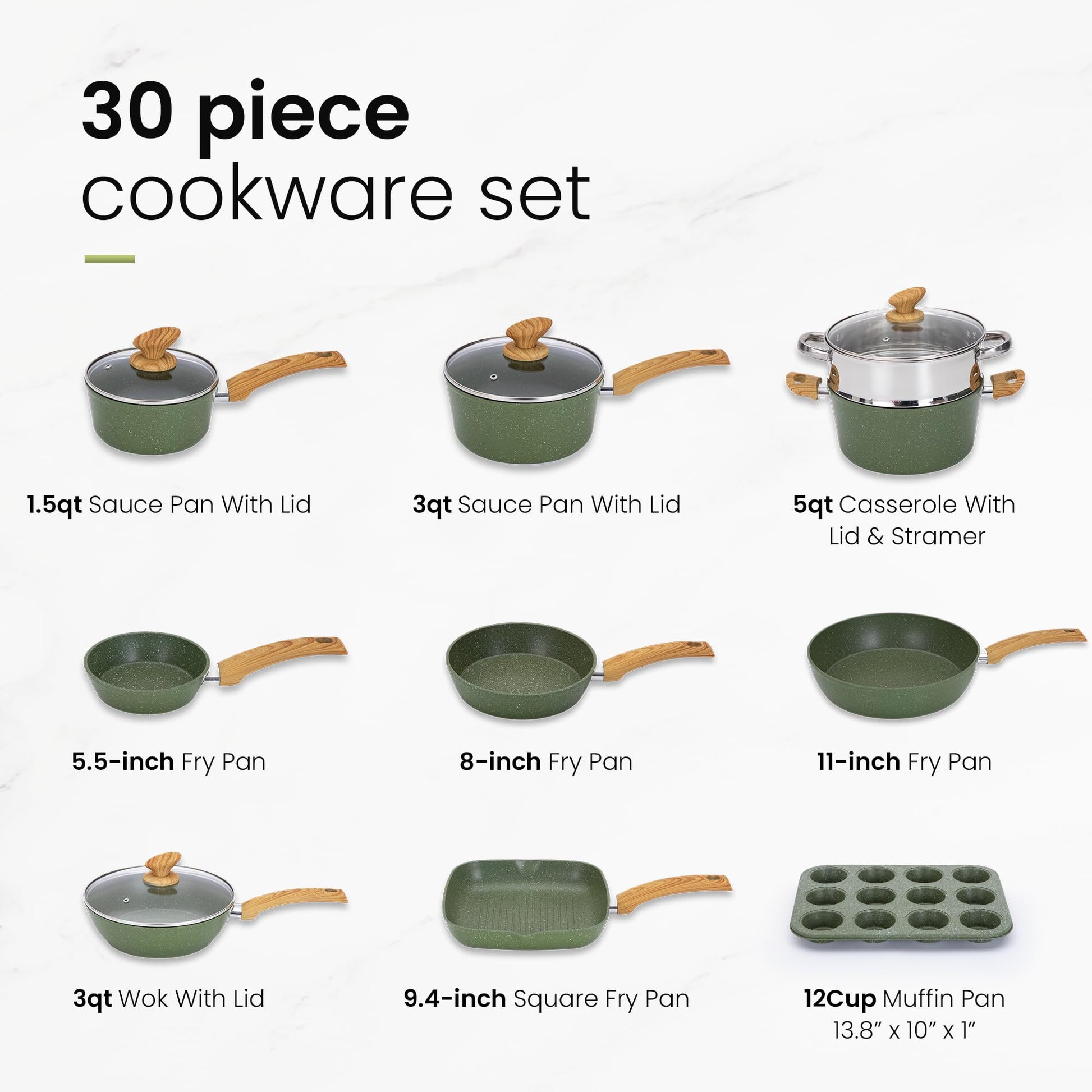 Kitchen Academy - Juego de ollas y sartenes antiadherentes, juego de utensilios de cocina de inducción de 30 piezas, juego de sartenes de cocina con revestimiento de granito verde