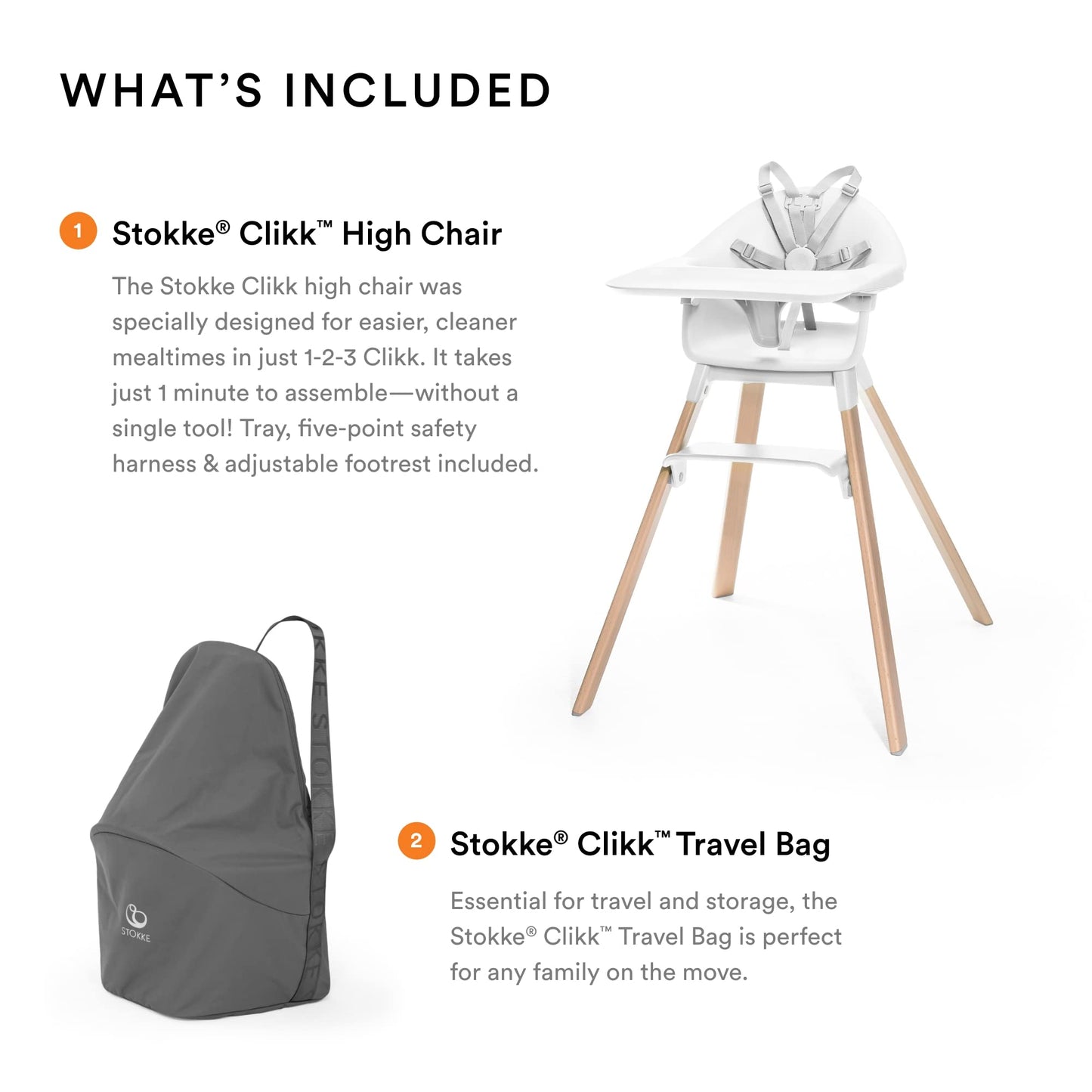 Stokke Silla Alta Clikk White con Bolsa de Viaje, para Bebés de 6 a 36 Meses