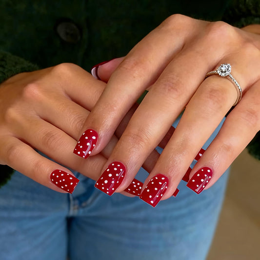 SXVME Uñas postizas de lunares cuadradas medianas, uñas postizas cuadradas en rojo claro, uñas postizas con diseños, lindas uñas postizas de lunares, uñas de gel suave brillante reutilizables para muj
