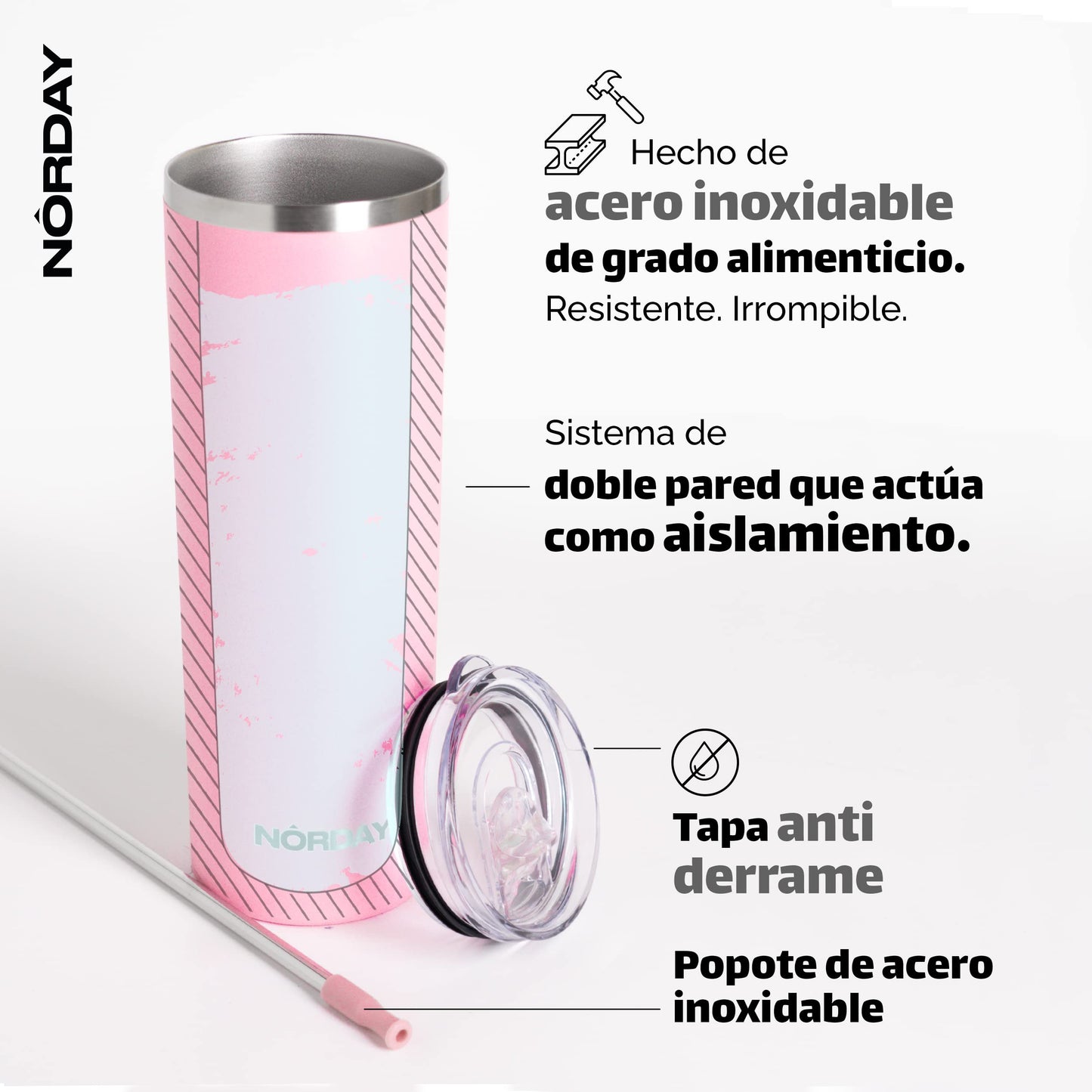 Vaso Térmico NORDAY Rosa Claro 22 oz Acero Inoxidable Antiderrame Doble Pared para Viaje