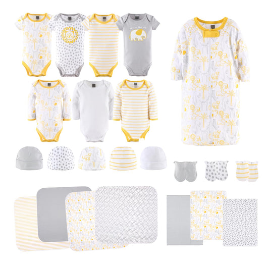 The Peanutshell Juego de regalo para recién nacidos para bebés niños o niñas | Juego de ropa y accesorios neutros para recién nacidos de 23 piezas | Temática de safari amarillo