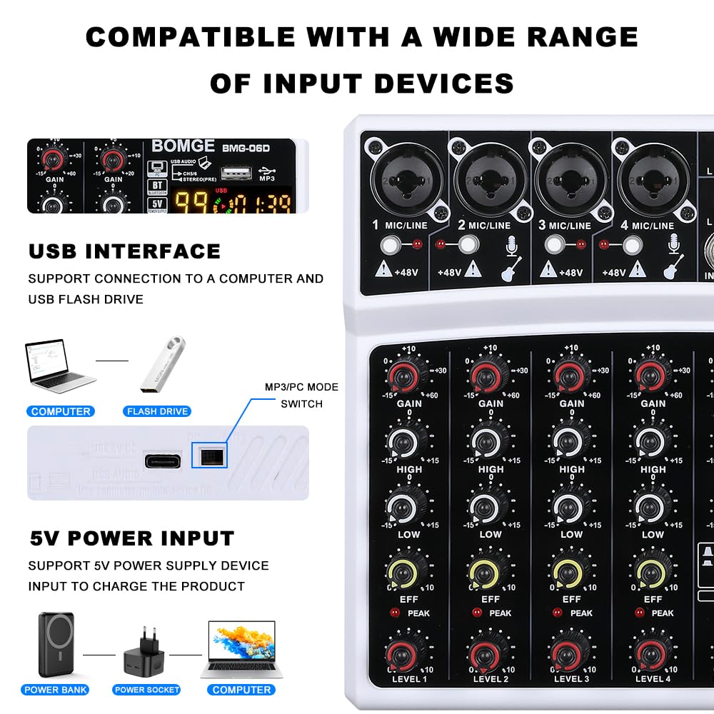BOMGE - Mezclador de sonido de 6 canales, consola de mezcla digital profesional para streaming en vivo, karaoke y grabación estéreo, con reproducción de grabación de computadora de PC, Bluetooth, MP3