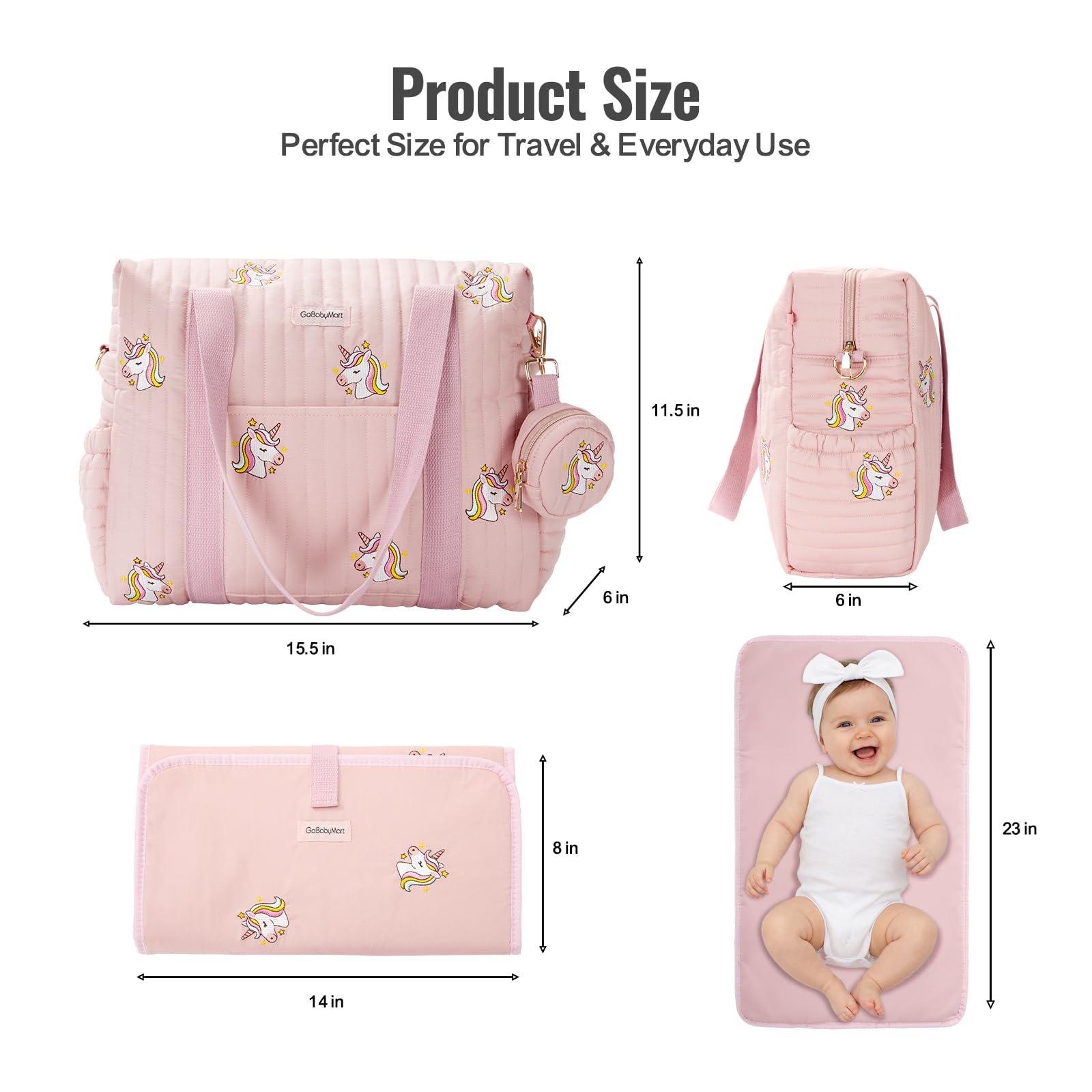 GOBABYMART - Juego de 3 bolsas de pañales con cambiador y estuche para chupete, bolsa de viaje de maternidad de algodón (mediano - unicornios rosa)