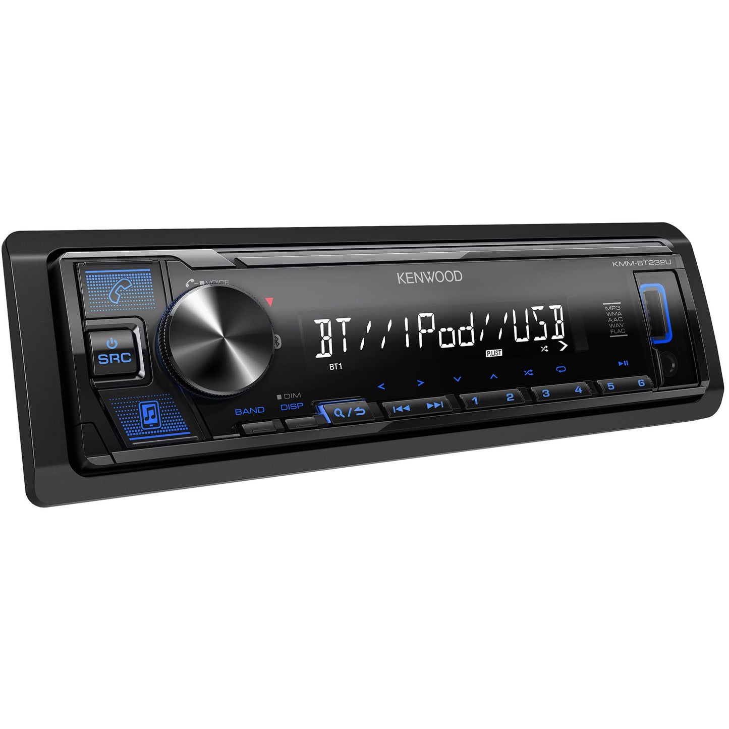 KENWOOD KMM-BT232U - Receptor de coche DIN único, estéreo Bluetooth para coche con mezcla de música para 5 dispositivos, conexión de teléfono dual, entrada USB frontal y AUX, ecualizador de 13 bandas