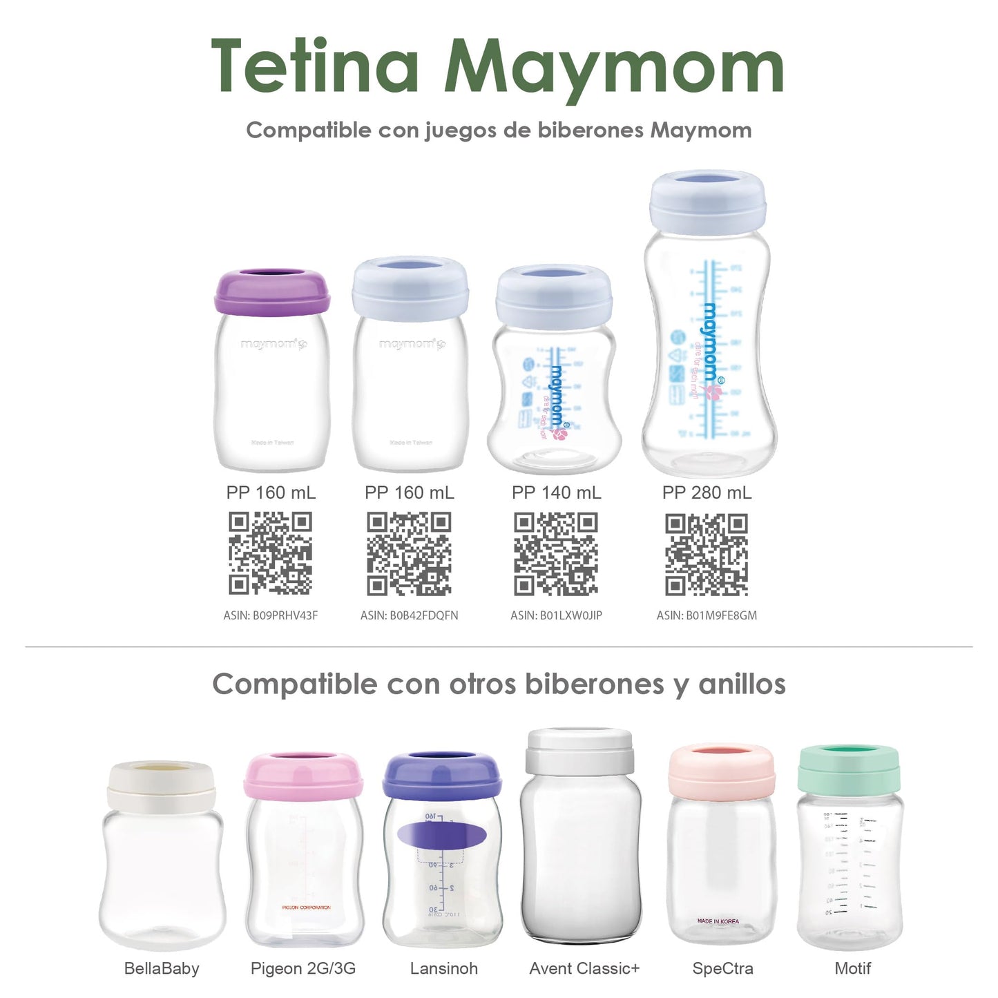 Biberón de recolección para almacenamiento y alimentación de leche Maymom de boca ancha con tetina, tapa tipo cúpula, tapa superior y disco de sellado SureSeal; compatible con extractores Spectra/Motif Luna; 5 piezas (4.7 oz / 140 mL).