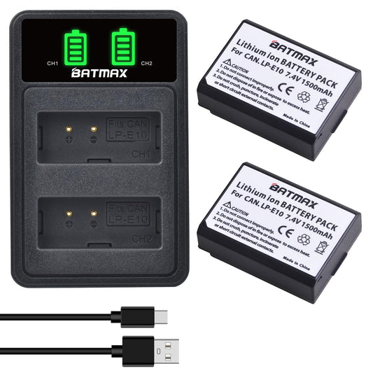 Batmax - Paquete de 2 baterías LP-E10 LP E10 + cargador USB dual LED con puerto tipo C para Canon EOS Rebel T3 T5 T6 T7, T100, EOS 4000D 2000D 1500D 1300D 1200D 1100D, Kiss X50 X70