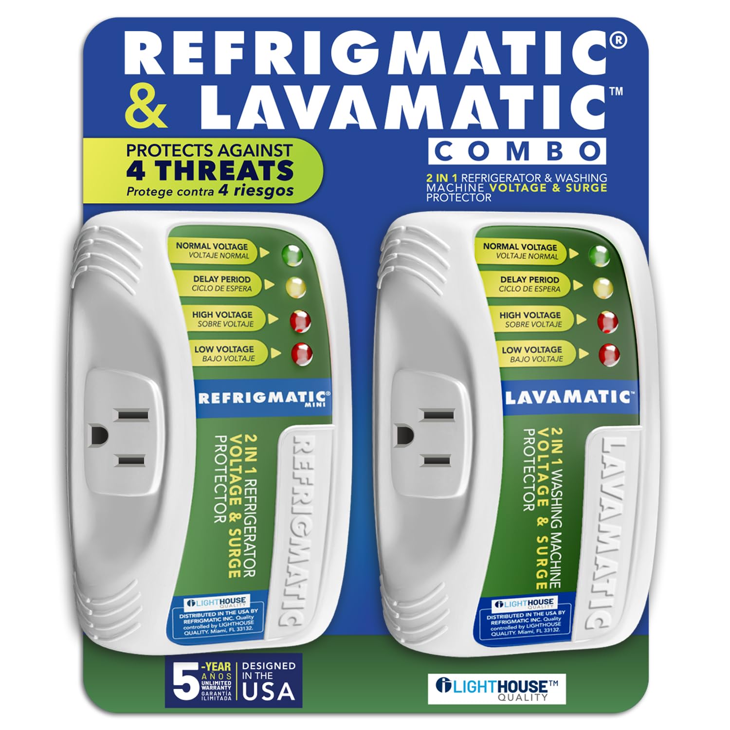 Combo de dos protectores de sobretensiones electrónicos Refrigmatic para refrigeradores y Lavamatic para lavadoras