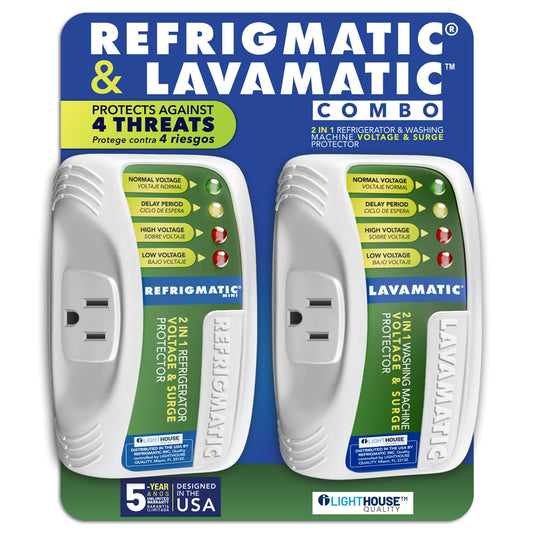 Combo de dos protectores de sobretensiones electrónicos Refrigmatic para refrigeradores y Lavamatic para lavadoras
