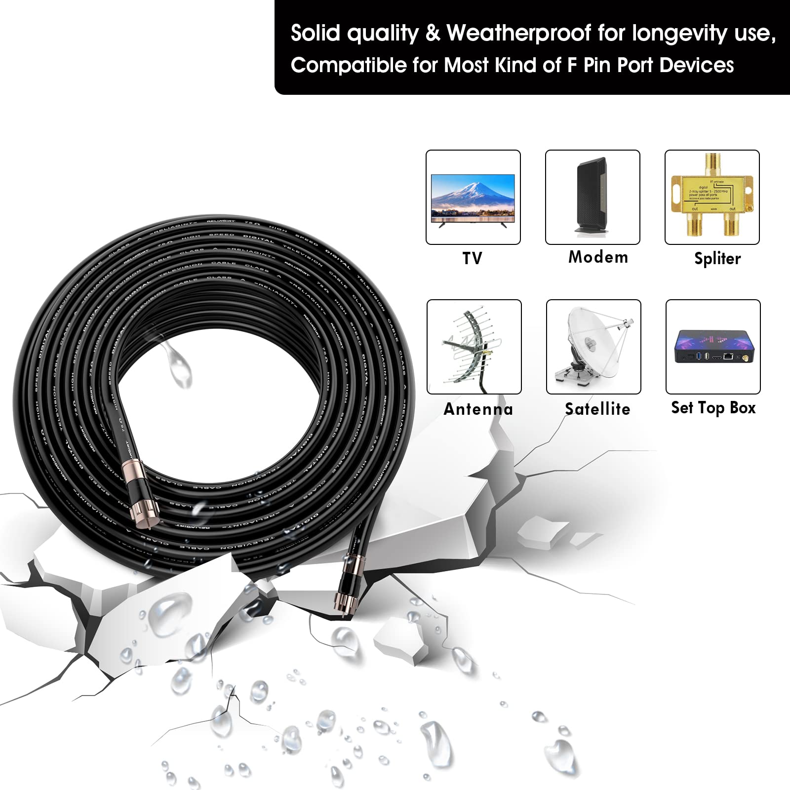 RELIAGINT Cable coaxial RG6 de 20 pies negro, cable coax de 75 ohmios con conector F y acoplador doble hembra F81, cable de extensión de antena de TV de alta velocidad y baja pérdida para TV HD