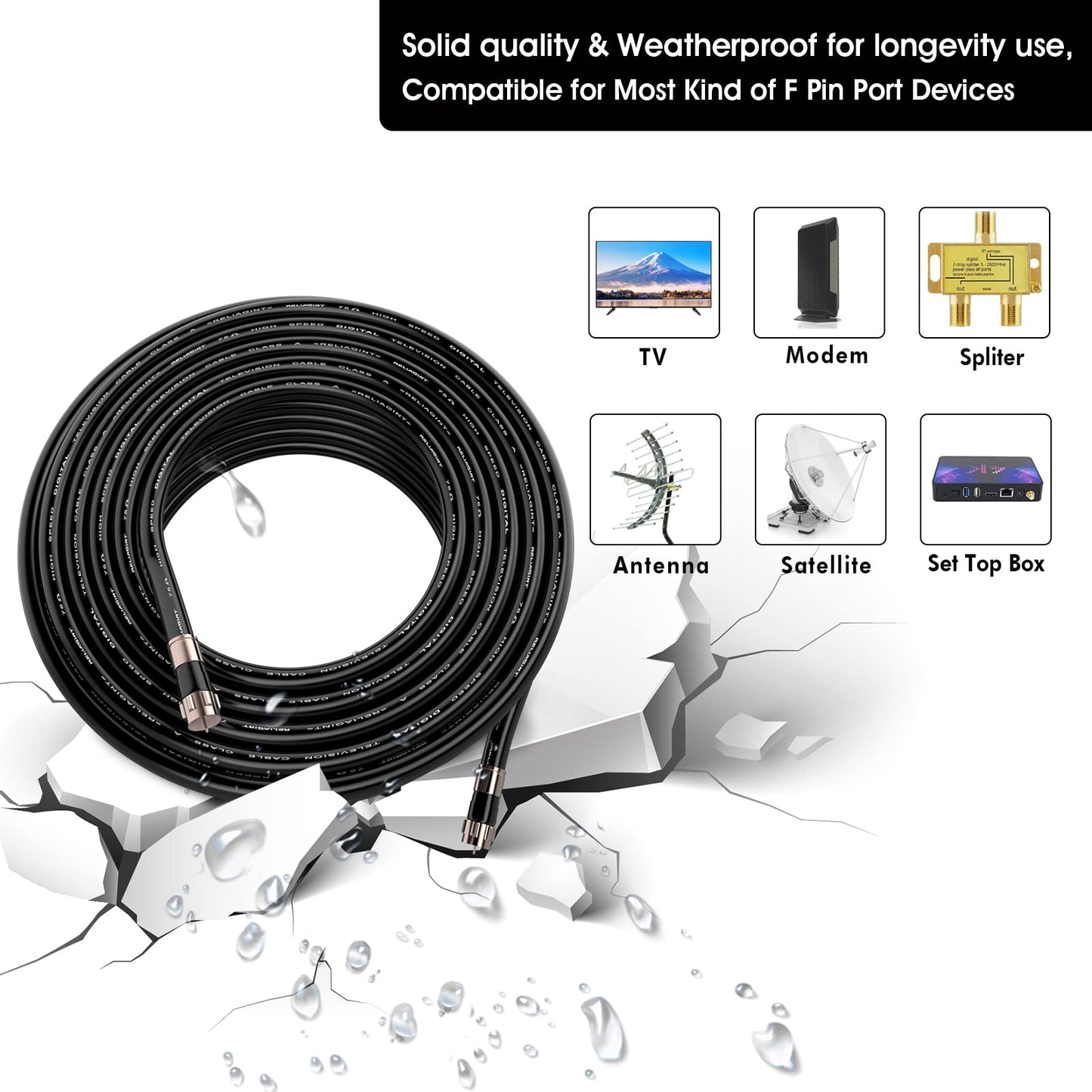 RELIAGINT - Cable coaxial RG6 de 75 ohmios negro conector F adaptador doble hembra F81 cable coaxial de alta velocidad de baja pérdida TV HD plato satélite antena cable de TV de 25 pies RG6-25FB