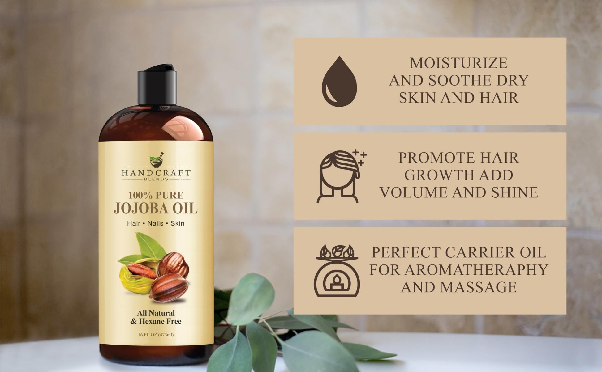 Handcraft Blends Jojoba Oil - 473 ml - 100% Pure & Natural - Premium Grade Carrier Oil - Hair, Face and Body Oil - Deeply Moisturizing - Anti-Aging - Cold-Pressed and Hexane-Free