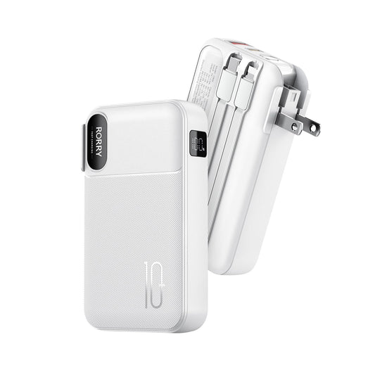 Power Bank RORRY Blanco Bateria Portatil 10000 mAh Pila con Enchufe AC Plegable y Cables Integrados