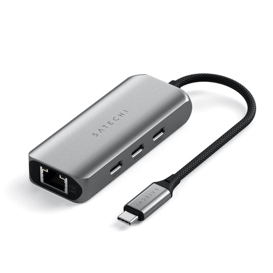 Adaptador Ethernet USB C SATECHI Plateado 4 en 1 con Velocidad de 2.5 Gigabit y 3 Puertos USB C 3.2 para Mac, iPad, Windows, Android, Chrome