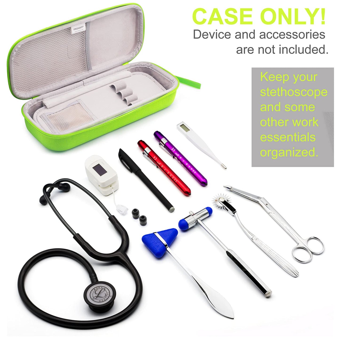 Estuche para Estetoscopio PROHAPI Verde Neón con Ranura para ID Compatible con 3M Littmann/ADC/Omron/MDF