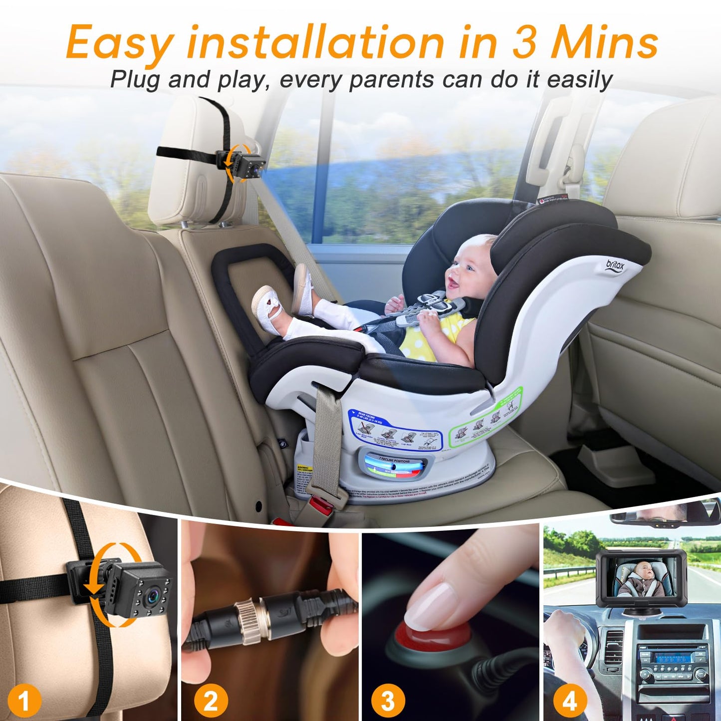 Bebé Coche Espejo, Cámara Coche Bebé Asiento Trasero HD 1080P con Visión Nocturna, Ángulo de Visión Amplio de 150°, Espejo de Coche para Bebés con Giratorio 360°,Espejo Retrovisor Coche Pantalla 4.3''