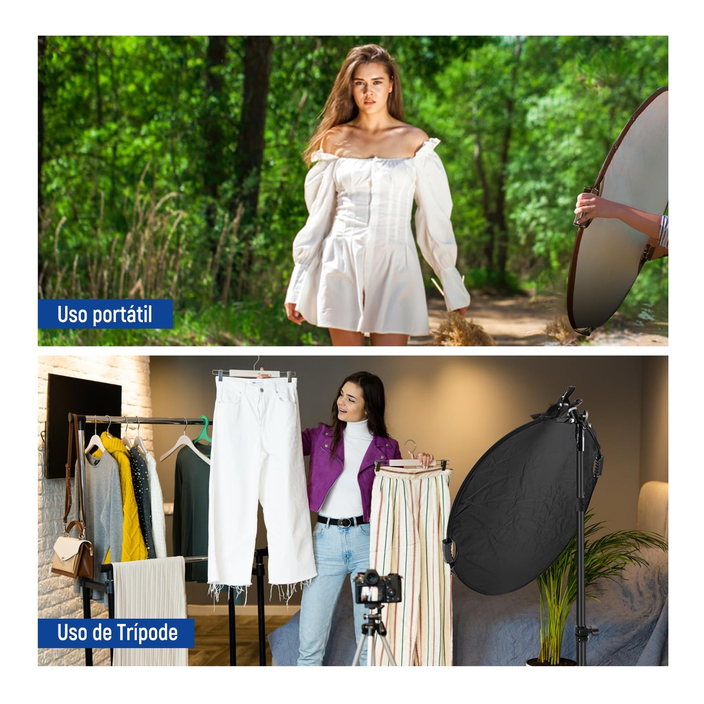 NEEWER 43"/110cm Reflector de Luz con Abrazadera y Empuñaduras, Reflector de Fotografía Plegable 5 en 1 Translúcido/Plata/Oro/Blanco/Negro con Rosca 3/8" para Iluminación Exterior, RF-110II