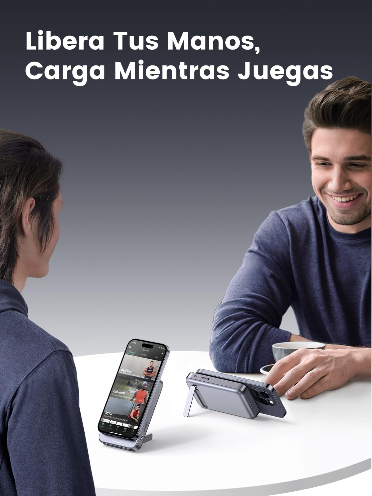 Power Bank UGREEN Negro 10000mAh con Soporte Plegable y Carga Rápida para iPhone y Galaxy