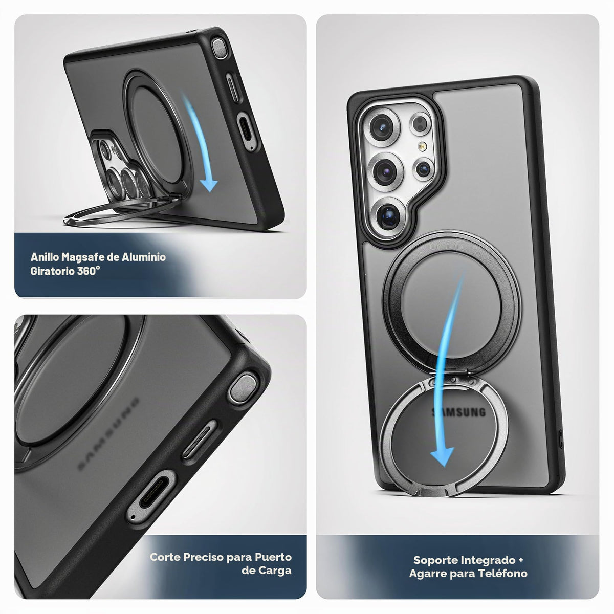 Funda Kickstand ENCASED Negra con Anillo Giratorio Magnético 360° para Samsung Galaxy S25 Ultra Compatible con MagSafe