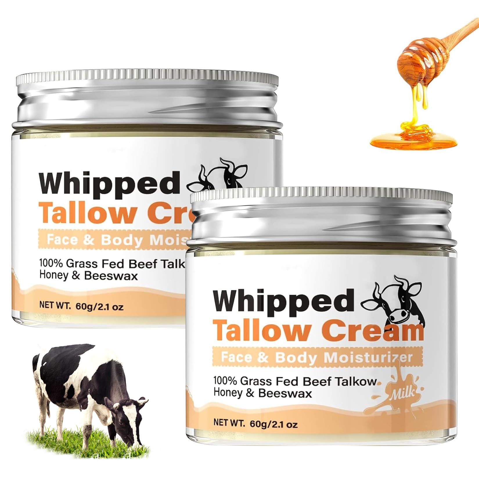 Crema de Cebo de Res con Balsamo de Miel: Sebo de Res Sebo de Res para La Cara-Crema Facial con Acabado de Pasto de Animales Alimentados con Pasto,Cuidado de La Piel Profundamente Nutritiv 2 Botellas