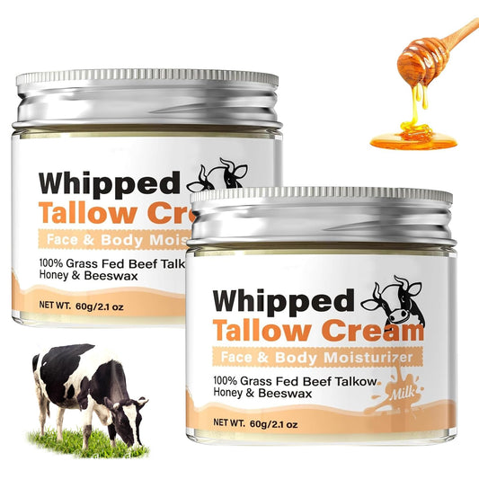 Crema de Cebo de Res con Balsamo de Miel: Sebo de Res Sebo de Res para La Cara-Crema Facial con Acabado de Pasto de Animales Alimentados con Pasto,Cuidado de La Piel Profundamente Nutritiv 2 Botellas
