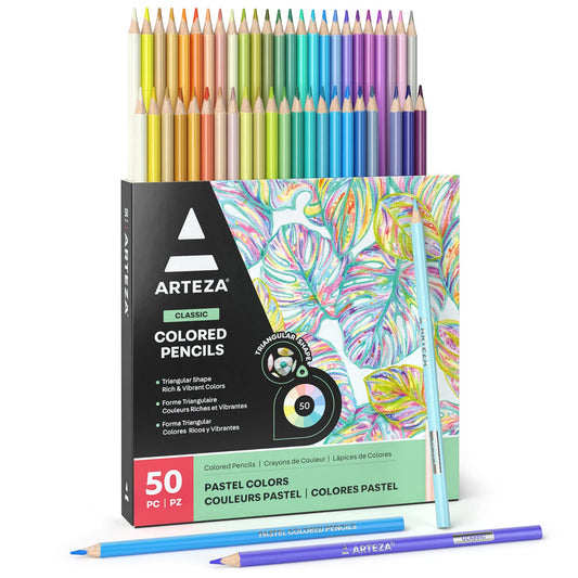 Arteza - Lápices de colores pastel para colorear adultos, juego de 50 lápices de dibujo, agarre triangular, juego de lápices preafilados, suministros de arte profesional para artistas para bocetos