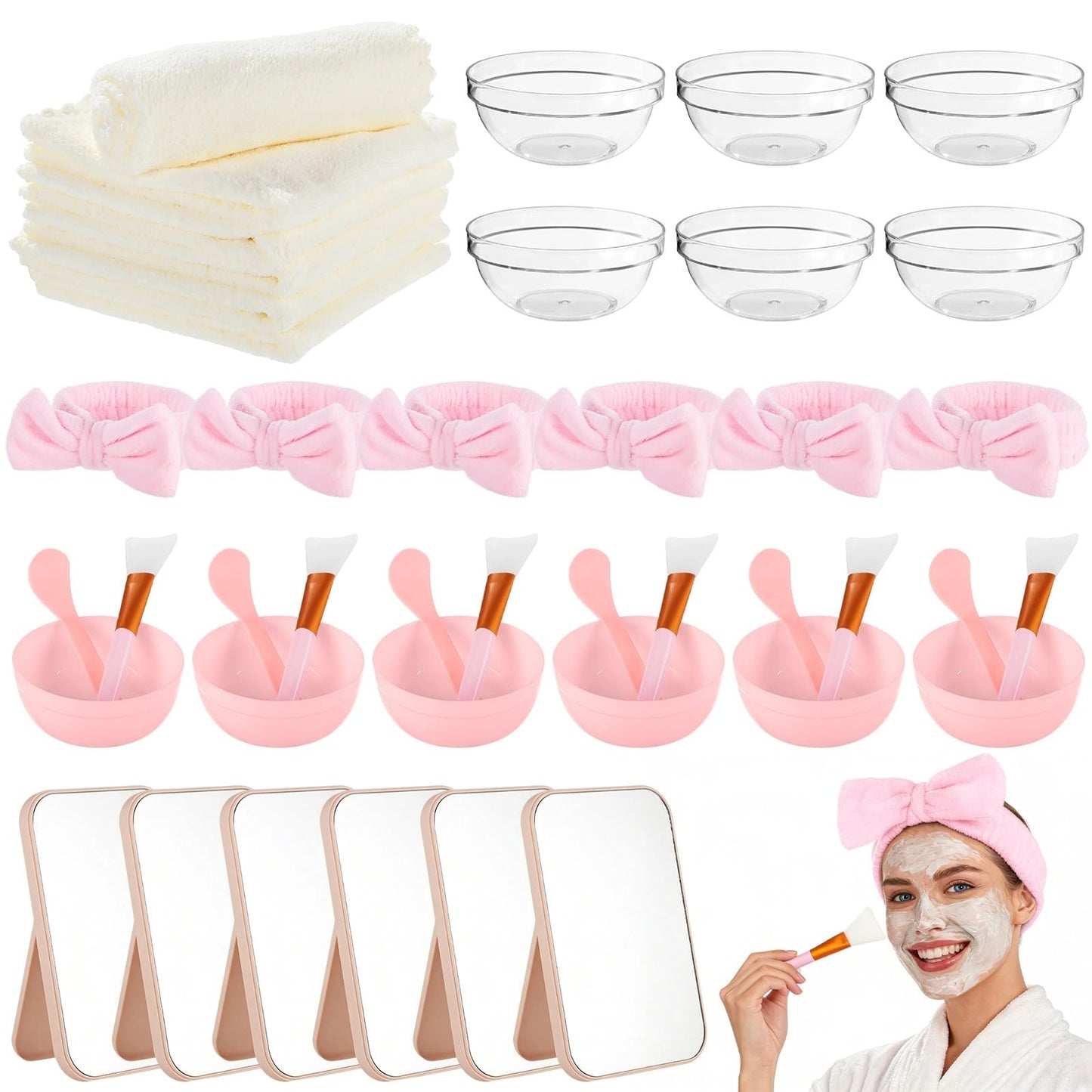 Lnrueg 6 juegos de suministros de fiesta de spa rosa para mujeres, tazón de máscara facial con cepillo para polvo de espátula, toalla para la diadema y espejo plegable, kit de spa para fiesta de