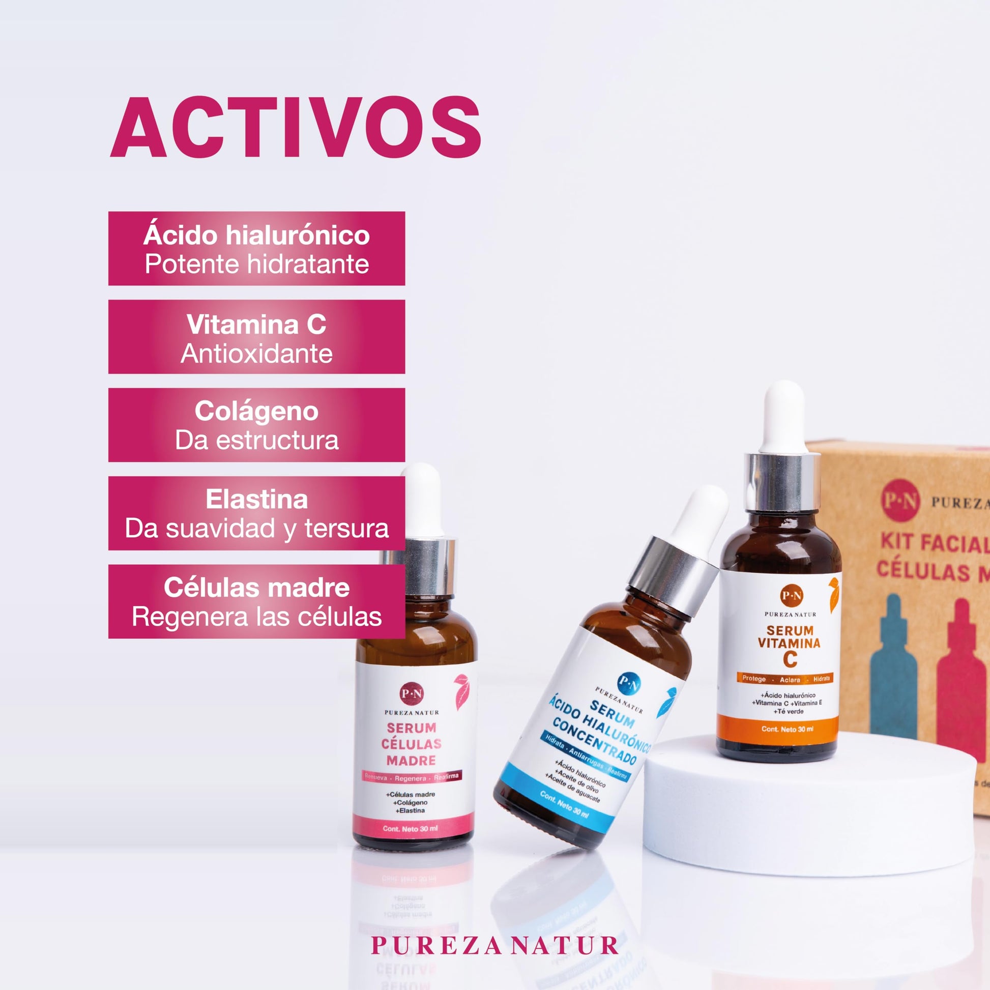 Kit Serum facial Acido Hialurónico, Vitamina C y Células Madre anti edad | Paquete completo de serum para el cuidado de la piel, hidratación y rejuvenecimiento (Kit AH + Celulas madre + Vit C)