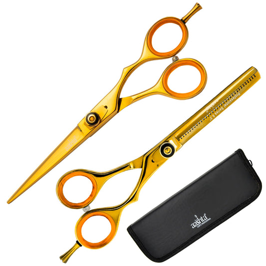 Kit de Tijeras Profesionales para Corte de Cabello, Barber Estilista Peluquero 6.5" Aashta (DORADO)