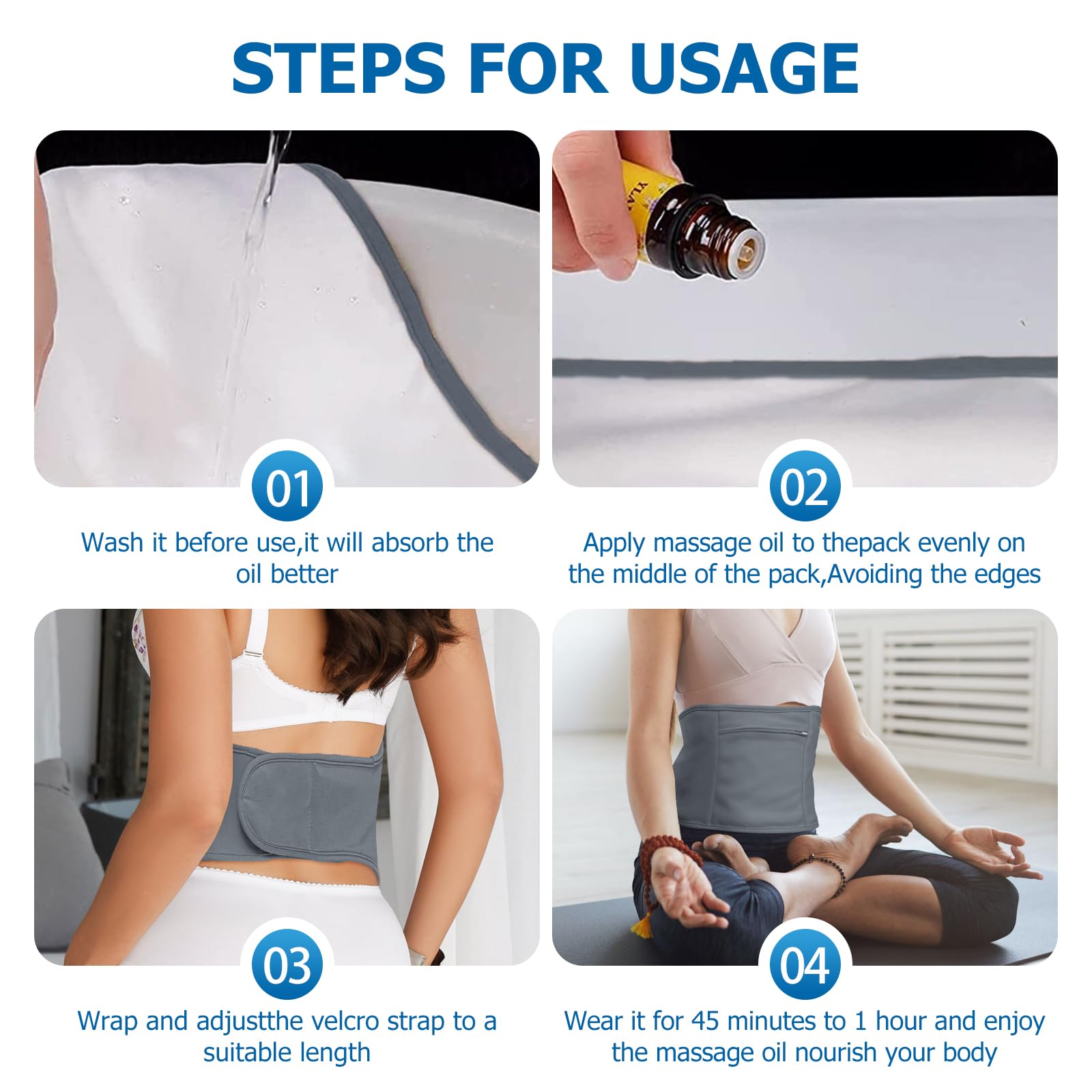 Paquete de 4 aceite de ricino para rodilla, cuello y abdomen, paquete de aceite de ricino reutilizable para abdomen con correa elástica ajustable, franela de algodón, lavable a máquina, antifugas de