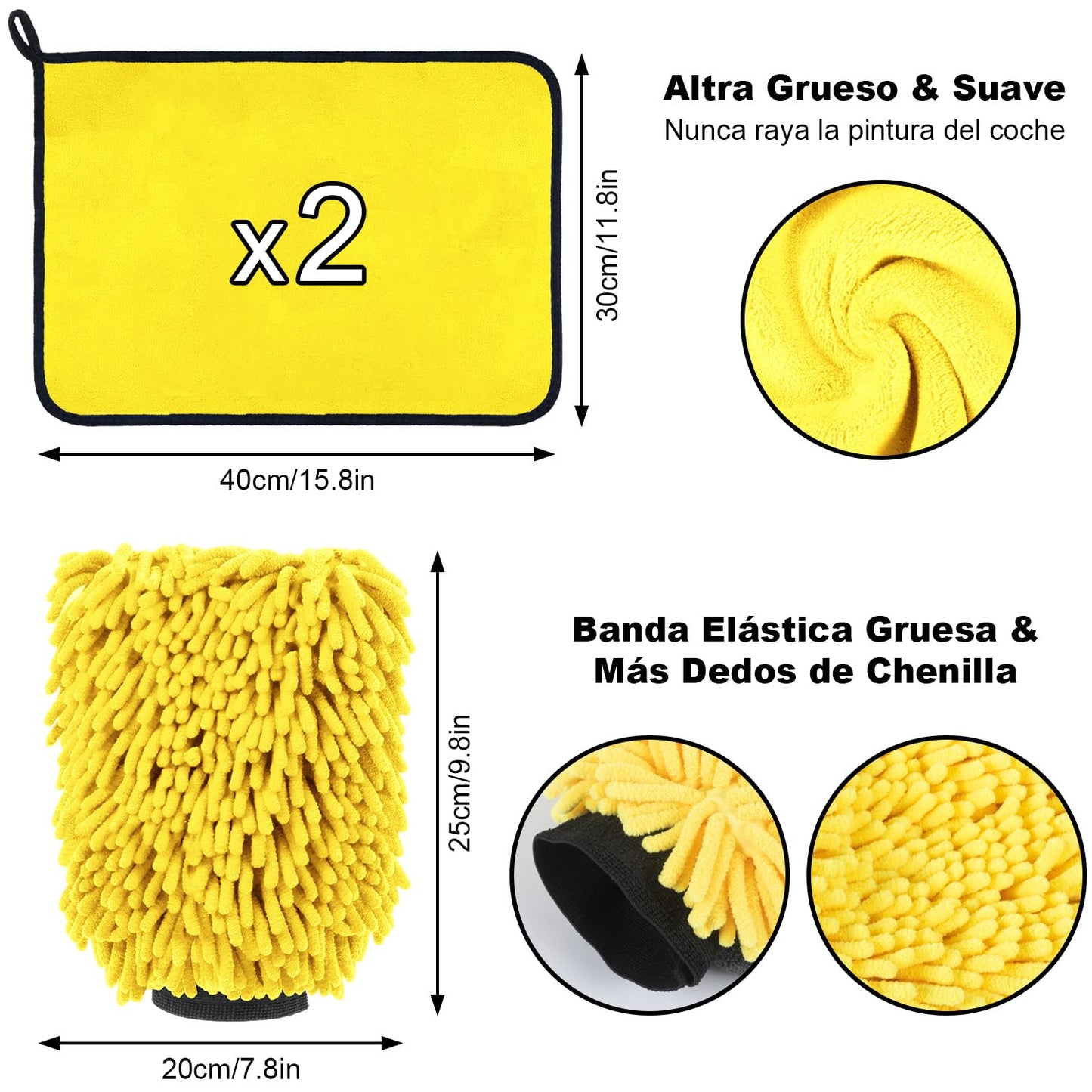 DASKING Kit Limpieza Coche, Guante y Toallas de Microfibra Premium de Lavado Coche, 2PCS Toallas (30 * 40cm) y 1PC Guante para la Limpieza de vehículo, Juego de Limpieza para Automóviles,Amarillo