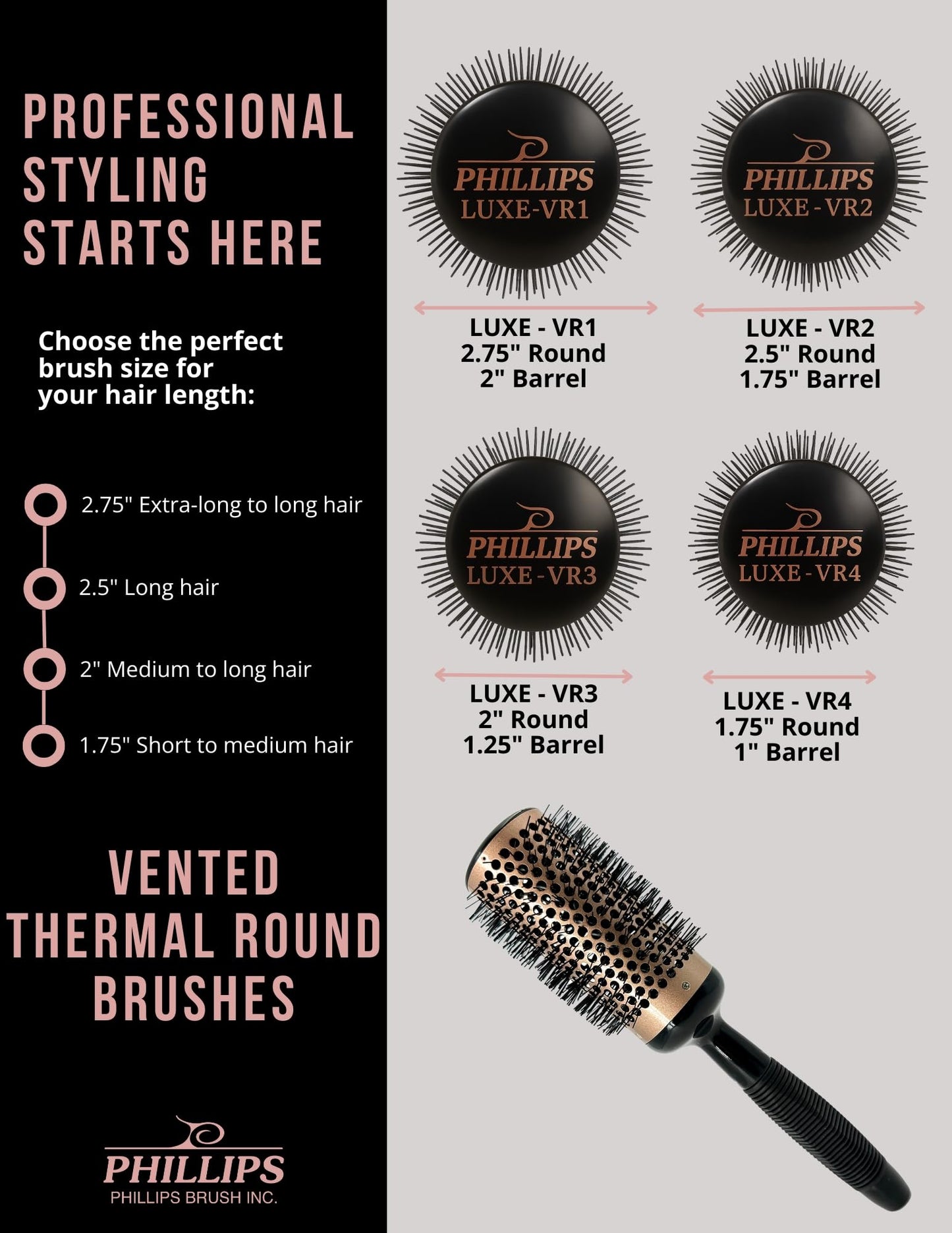 Phillips Brush-Cepillo redondo térmico ventilado de lujo de 2,5 pulgadas de diámetro con núcleo de aluminio que retiene el calor, elegante combinación de colores cobre y negro