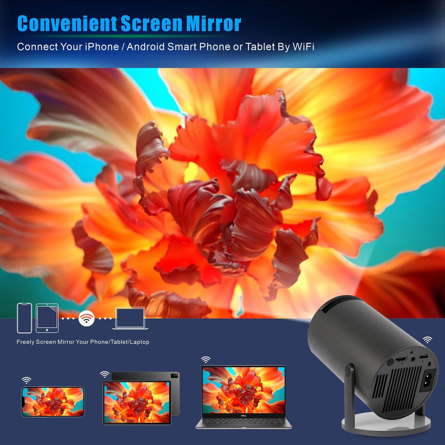 Proyector Inteligente 4K con WiFi 6 y Bluetooth 5 Android 11 Portátil Visualización 130 Pulgadas