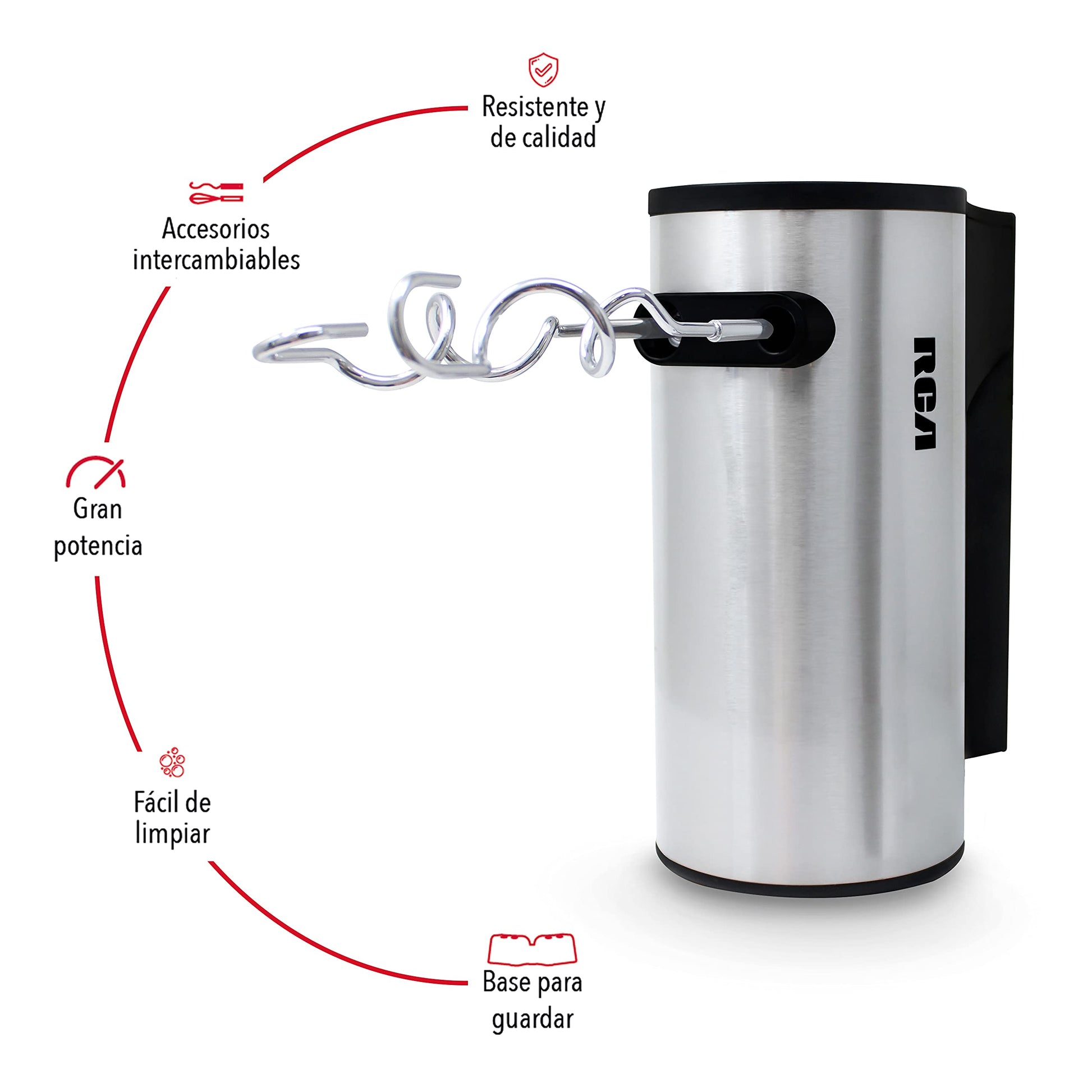 Batidora de Mano RCA, con 5 Velocidades, 2 Tipos de Aspas, Botón de Velocidad Máxima,Fácil Extracción y Limpieza,Accesorios Metálicos Incluuidos,Potente y Versátil para Repostería y Cocina, gris,RC-68