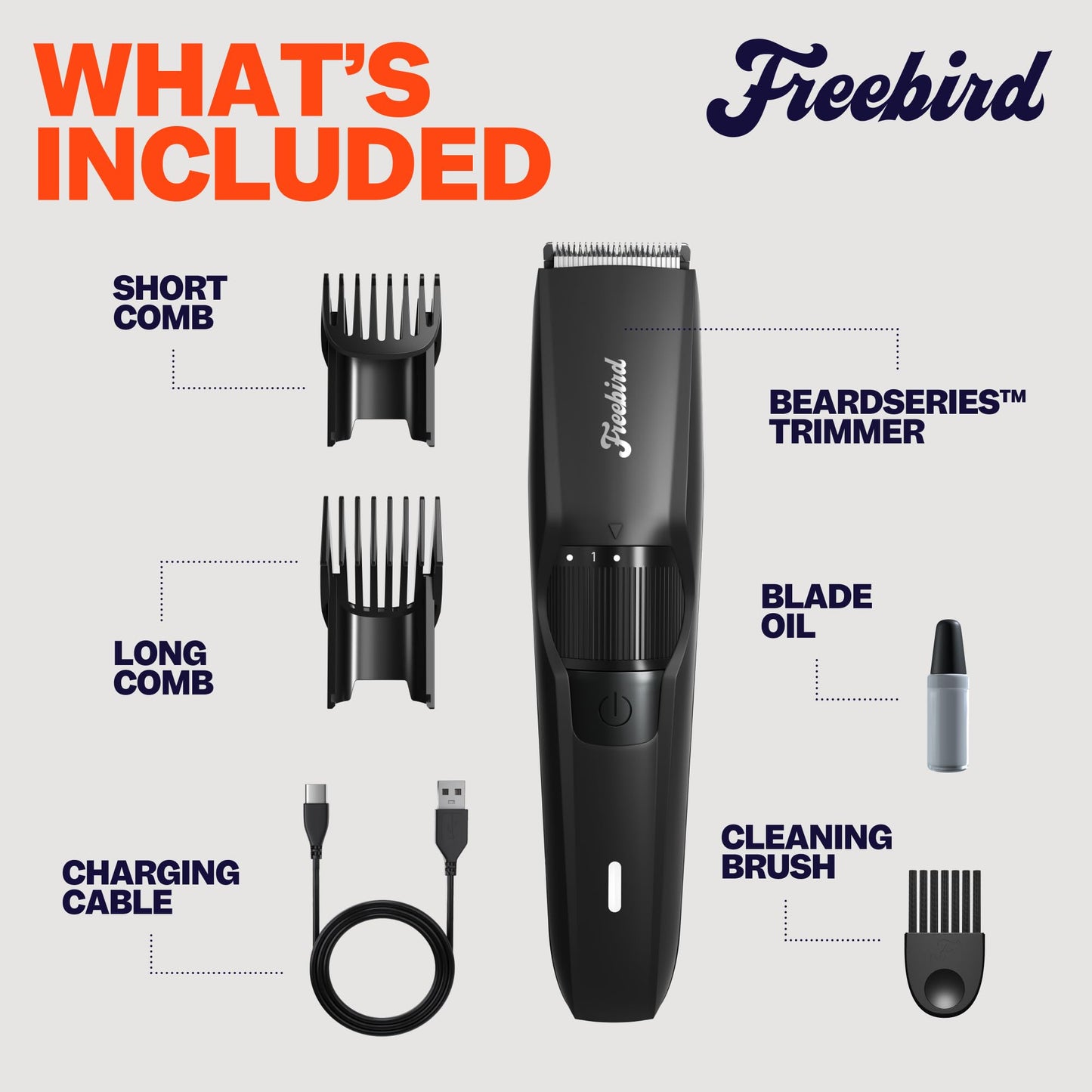 Freebird BeardSeries - Recortadora de barba ultra afilada con esfera de precisión, cuchillas de acero inoxidable, 40 ajustes de longitud, inalámbrico y recargable, para barba, cabello, cuerpo y aseo