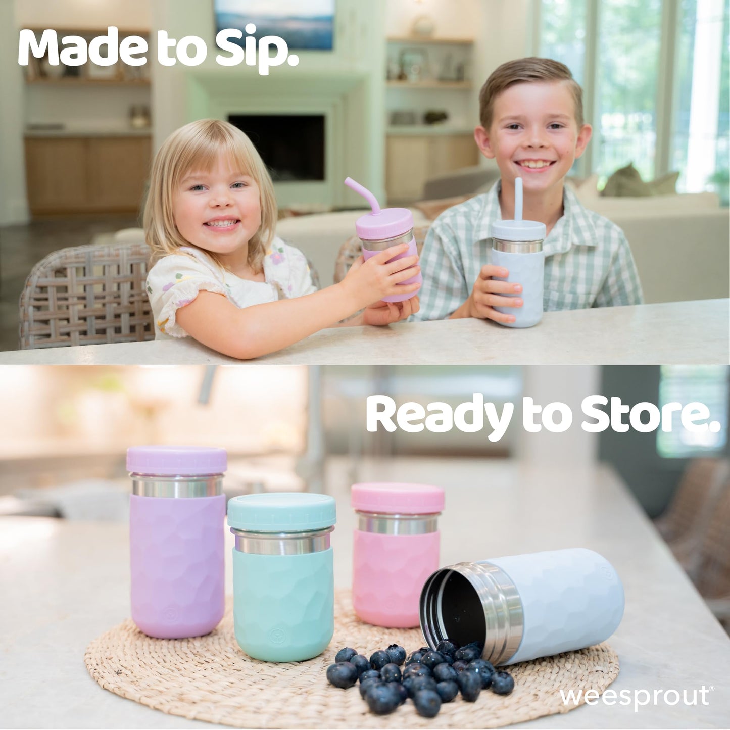WeeSprout 2 en 1 - Vasos para niños, acero inoxidable, taza con pajita, 2 unidades, 354.88 ml