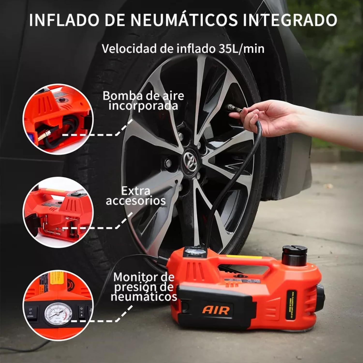 FIXITFAST Kit de Gato eléctrico de 5 toneladas y 12 V para Coche hidráulico con Llave de Impacto y Bomba de inflado de neumáticos y luz LED para neumáticos de Cambio de Camiones SUV, sedán