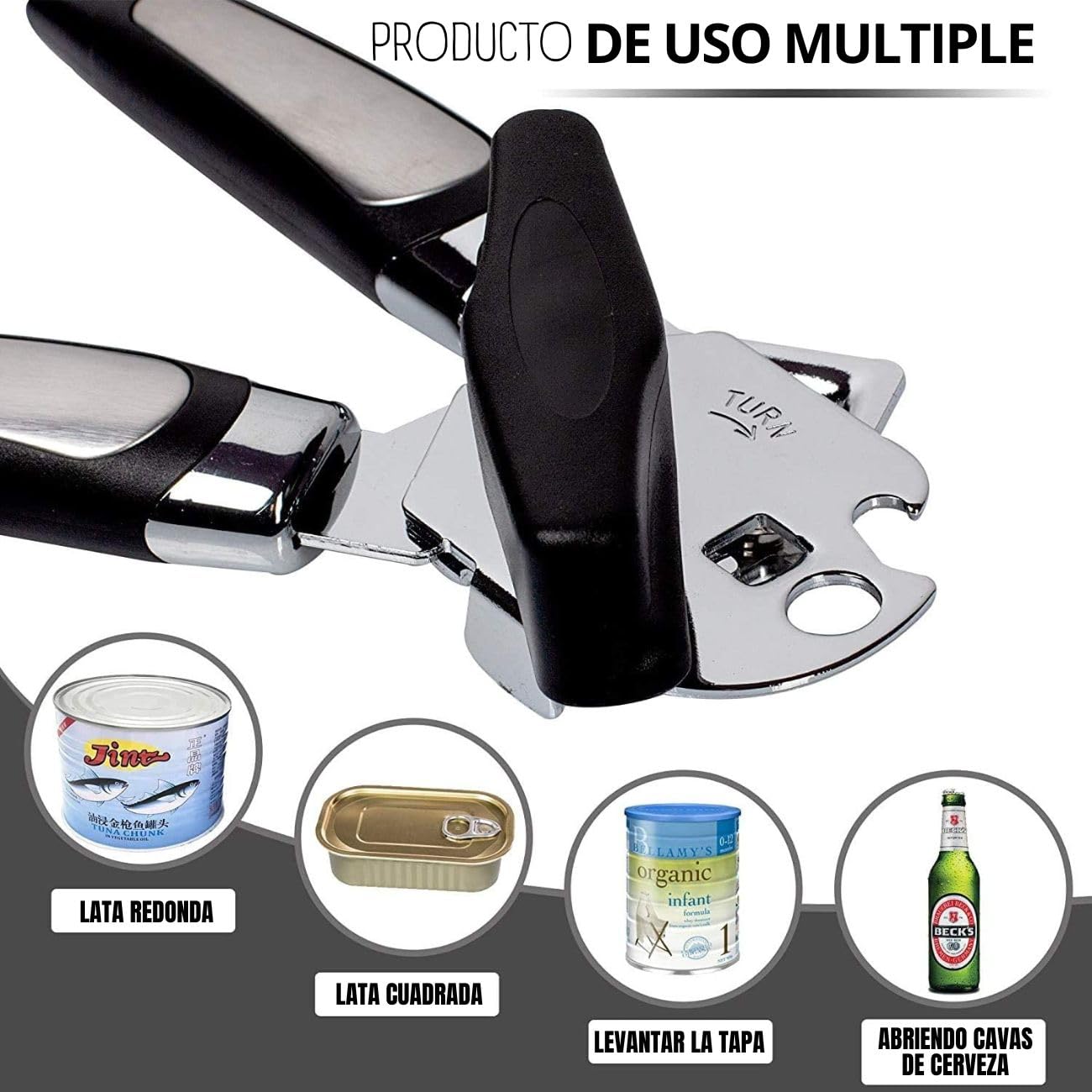 Abrelatas Manual U Chef Acero Inoxidable con Perilla de Giro Grande y Agarre Antideslizante