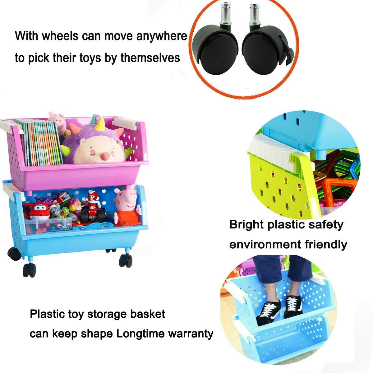 MAGDESIGNER Kids' Toys Chest Large Baskets Storage Bins Organizer with Wheels Can Move EverywhereNatural/Primary (Primary Collection)