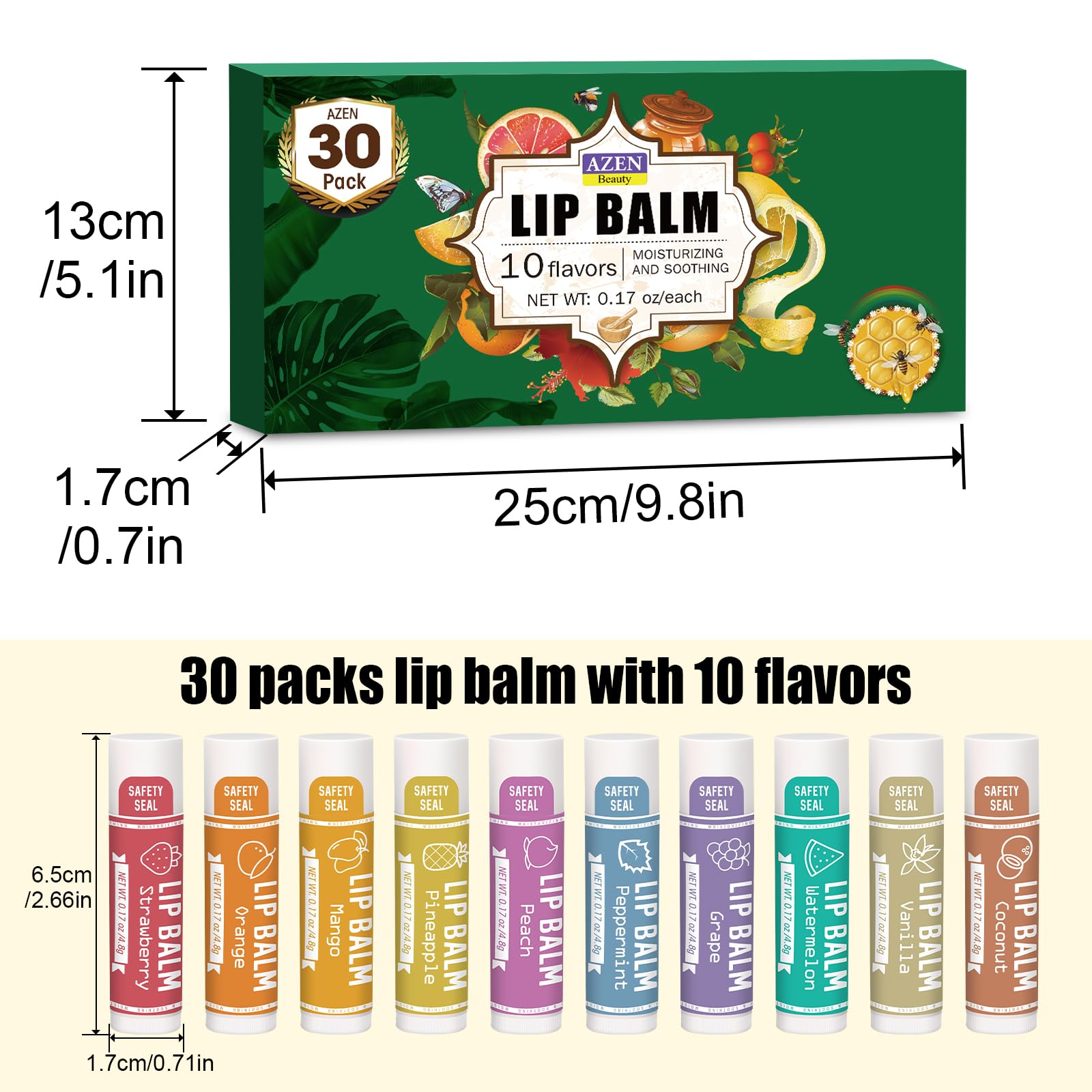 AZEN- Paquete de 30 bálsamos labiales, bálsamos labiales naturales a granel, producto para el cuidado de los labios, bálsamo labial hidratante para labios secos y agrietados