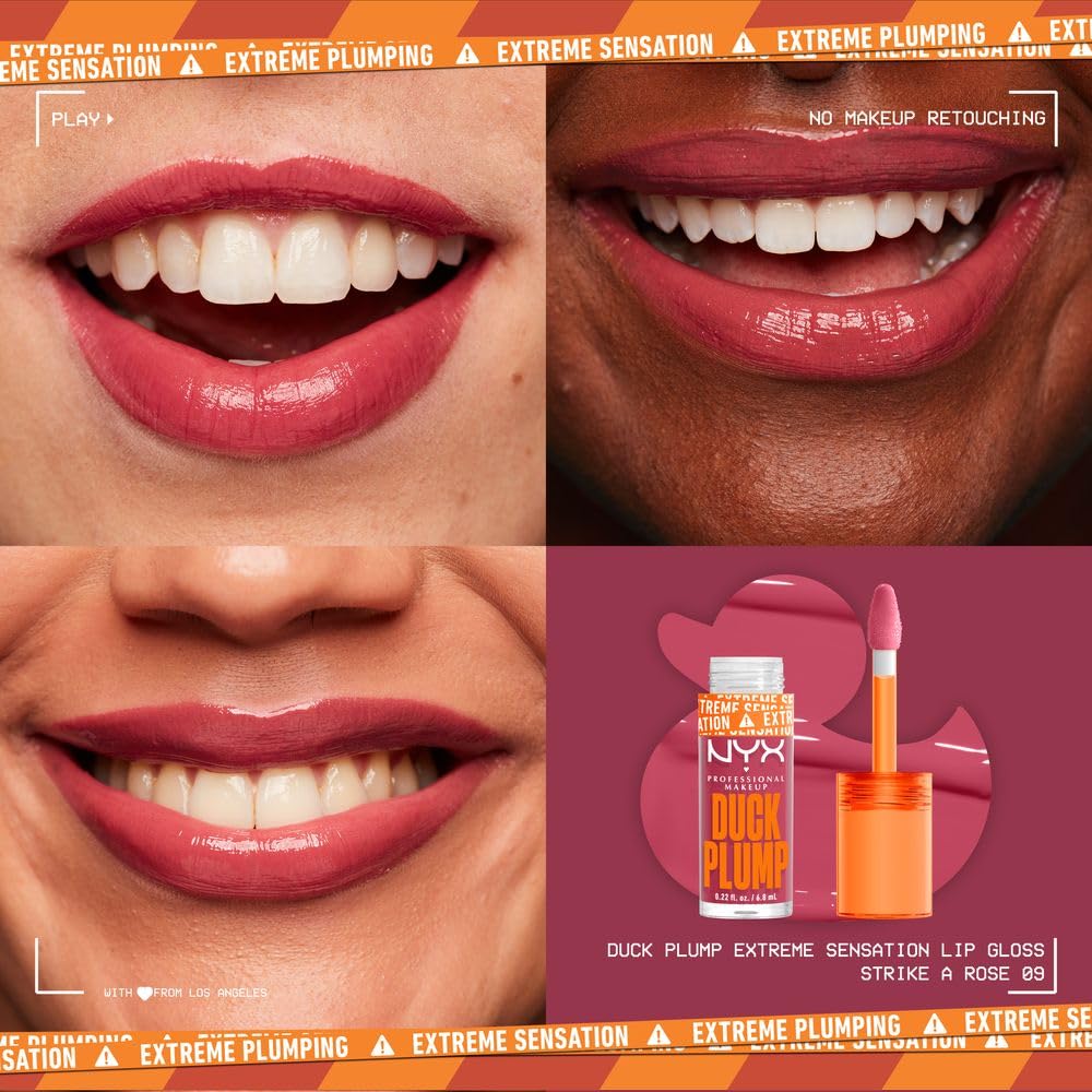 NYX Professional Makeup, Duck Plump, 7ml. Tono: Strike a Rose (ciruela). Brillo labial voluminizador con efecto plumping para un volumen instantáneo. Gloss infusionado con jengibre picante para un volumen visible y de larga duración. Fórmula vegana.