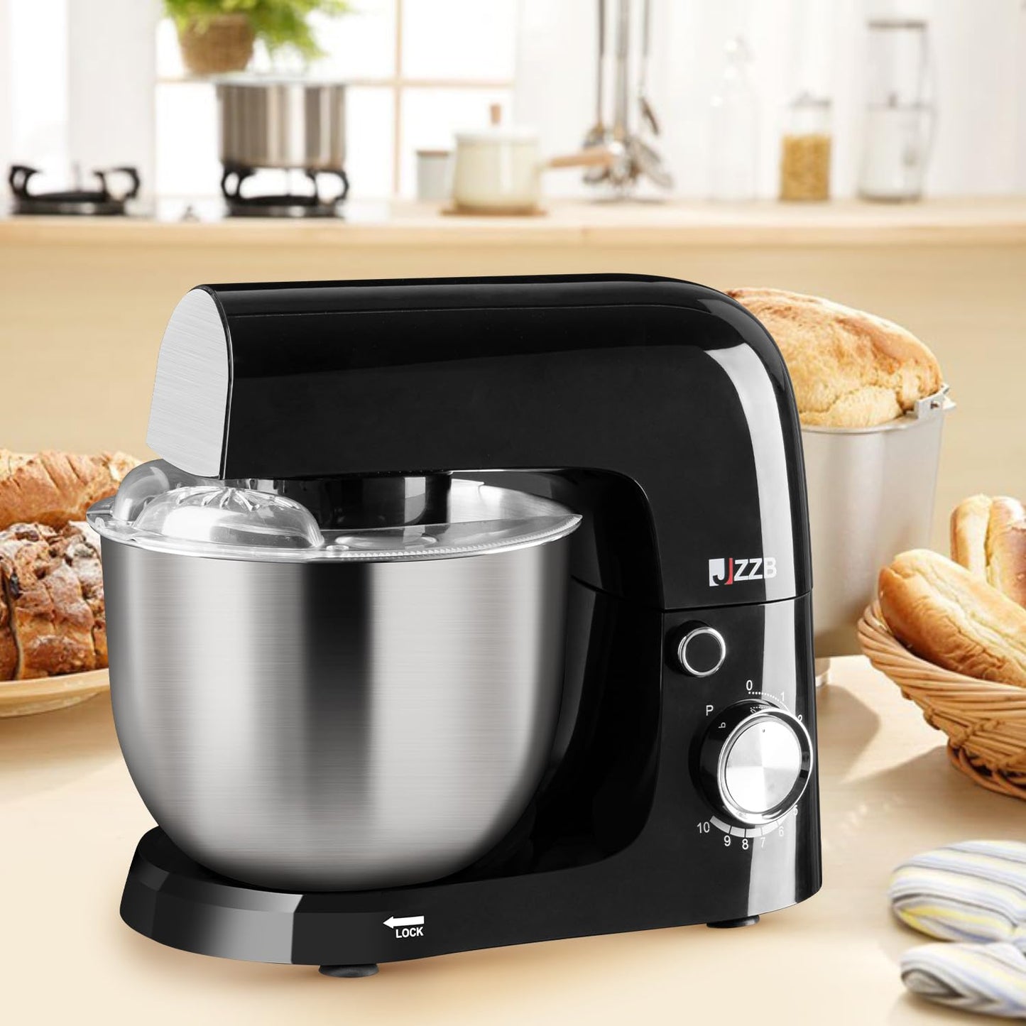 Batidora de Pedestal JZZB Negra de 10 Velocidades con 6 Accesorios para Repostería y Panadería en el Hogar