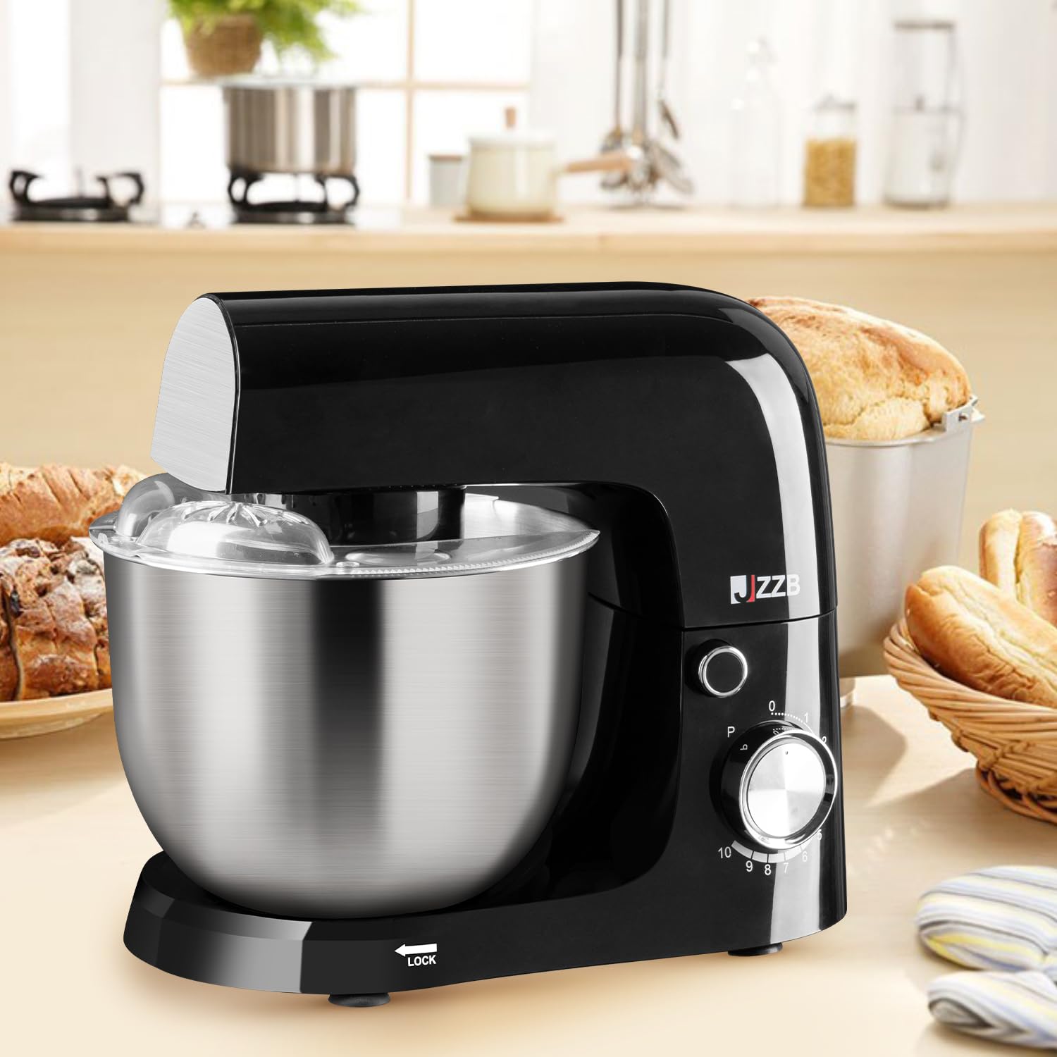 Batidora de Pedestal JZZB Negra de 10 Velocidades con 6 Accesorios para Repostería y Panadería en el Hogar